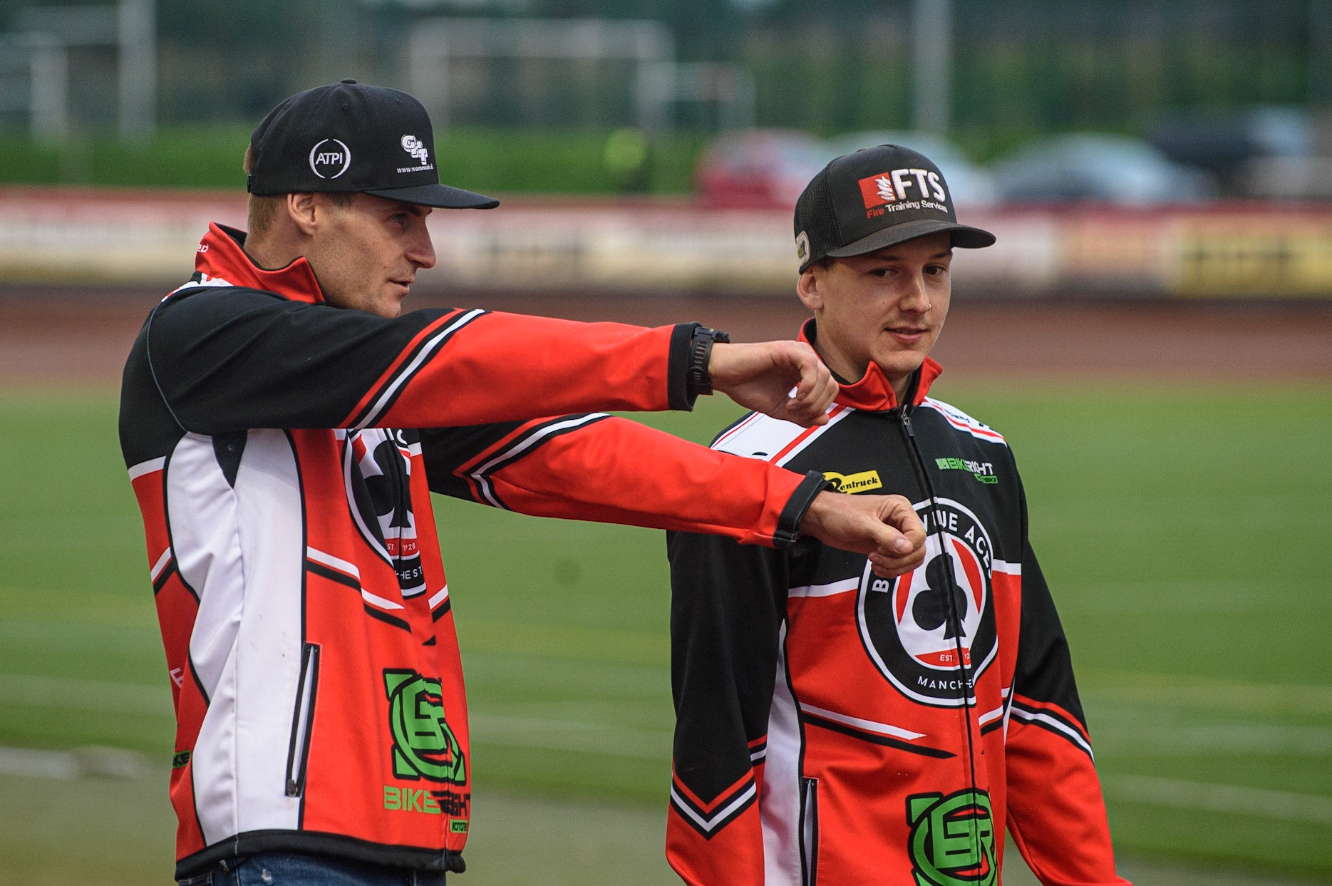 MANCHESTER, UK. SEPT 13TH  Steve Worrall  (left) and Jye Etheridge  discuss tactics on the track walk during the SGB Premiership match between Belle Vue Aces and King's Lynn Stars at the National Speedway Stadium, Manchester on Monday 13th September 2021. (Credit: Ian Charles | MI News)