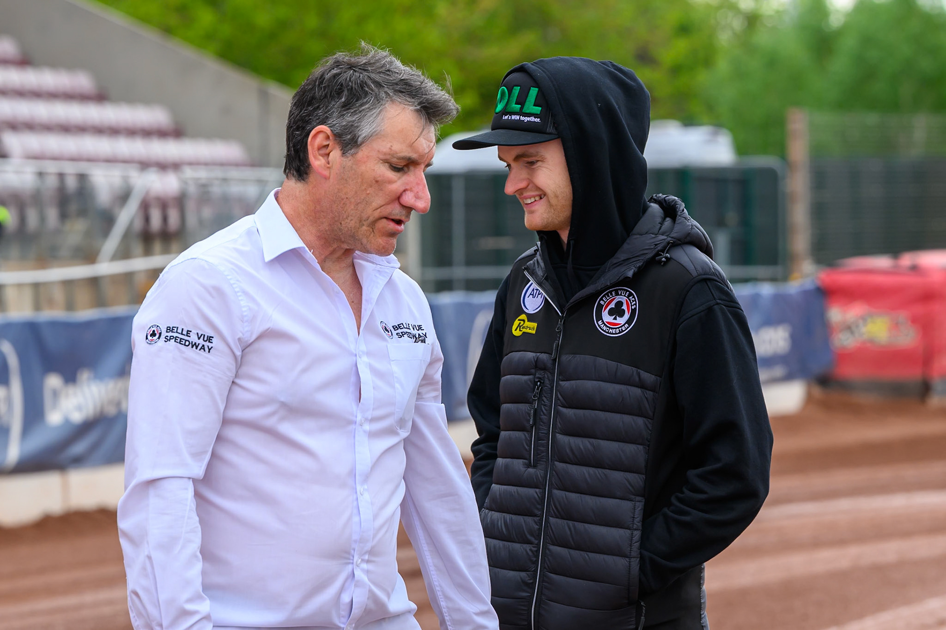 Mark Lemon, Team Manager of Belle Vue Aces  (Left) with Brady Kurtz of Belle Vue Aces on the track walk during the Rowe Motor Oil Premiership match between Belle Vue Aces and Northampton Foxes at the National Speedway Stadium, Manchester on Monday 4th May 2026. (Photo: Ian Charles | MI News)
