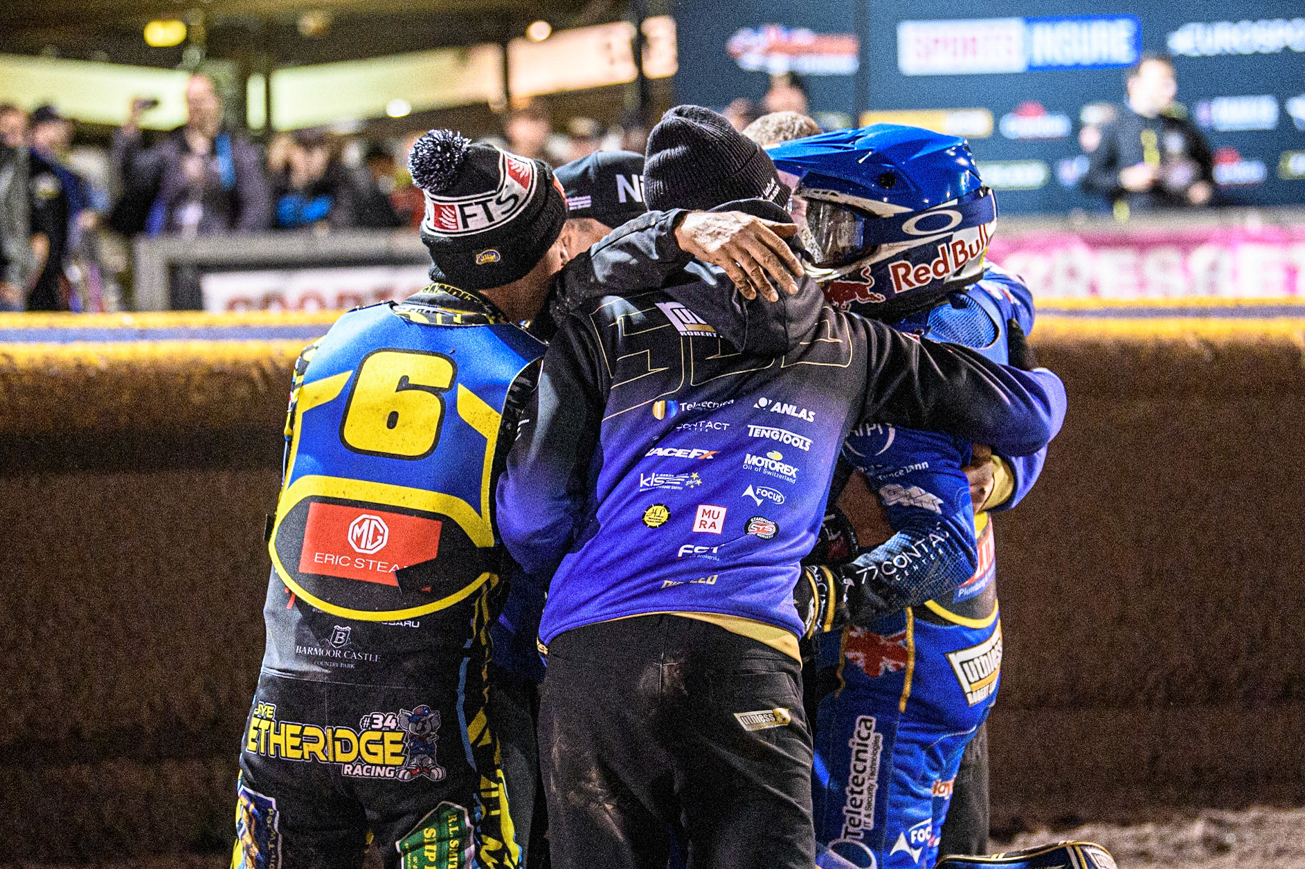 Sheffield riders and their mechanics celebrate during the Sports Insure Premiership Grand Final Second Leg match between Sheffield Tigers and Ipswich Witches at Owlerton Stadium, Sheffield on Thursday 5th October 2023. (Photo: Ian Charles | MI News)