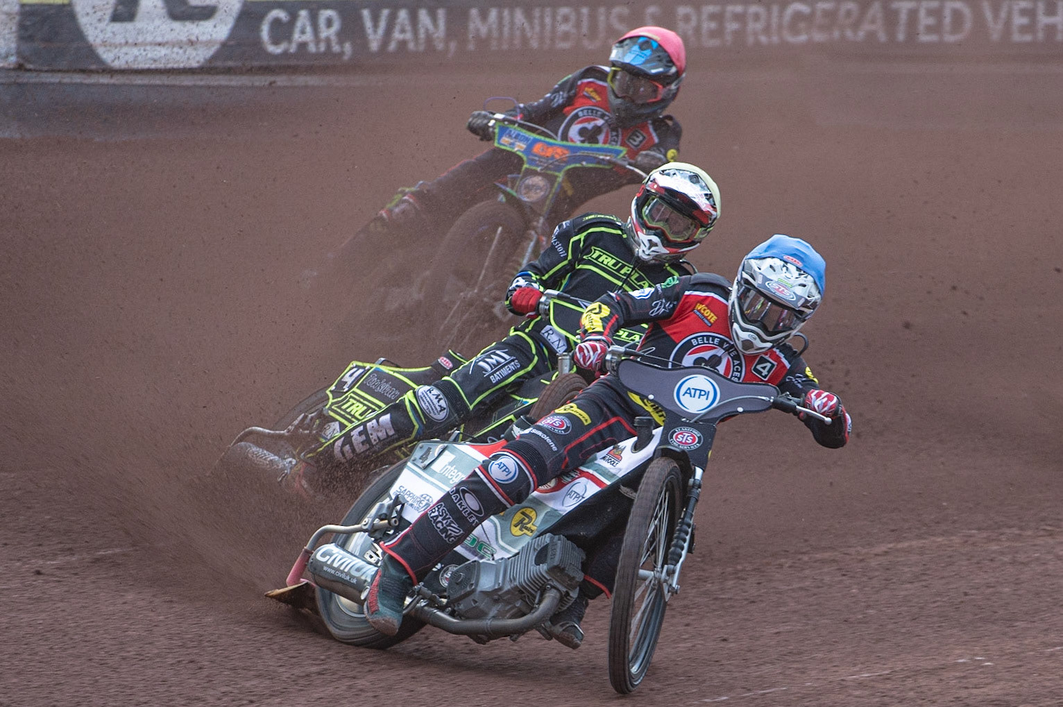 Photo: Ian Charles

Steve Worrall  (Blue) leads David Bellego (Yellow) and Dan Bewley  (Red)

Belle Vue Aces v Ipswich Witches, British Speedway Premiership, Belle Vue National Speedway Stadium, Manchester, Monday 3  June  2019