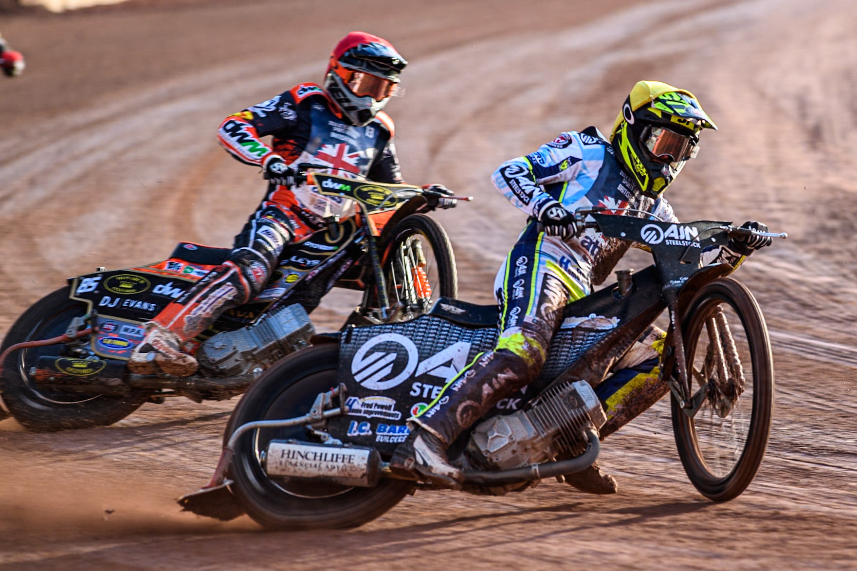 Lewis Kerr in Yellow leading Jordan Jenkins in Red during the Attis Insurance Sports Division British Speedway Championship Final at the National Speedway Stadium, Manchester on Saturday 8th June 2024. (Photo: Ian Charles | MI News)