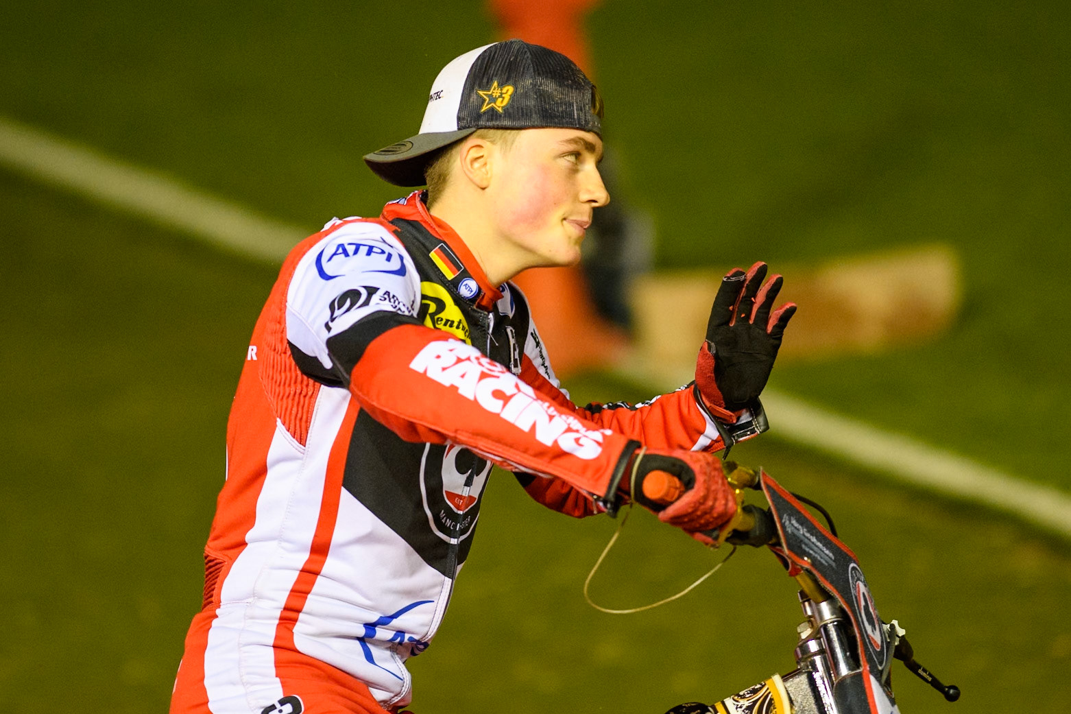 Belle Vue Aces' Norick Blodorn on the parade lap during the Rowe Motor Oil Premiership Grand Final 1st Leg between Belle Vue Aces and Leicester Lions at the National Speedway Stadium, Manchester on Monday 23rd September 2024. (Photo: Ian Charles | MI News)