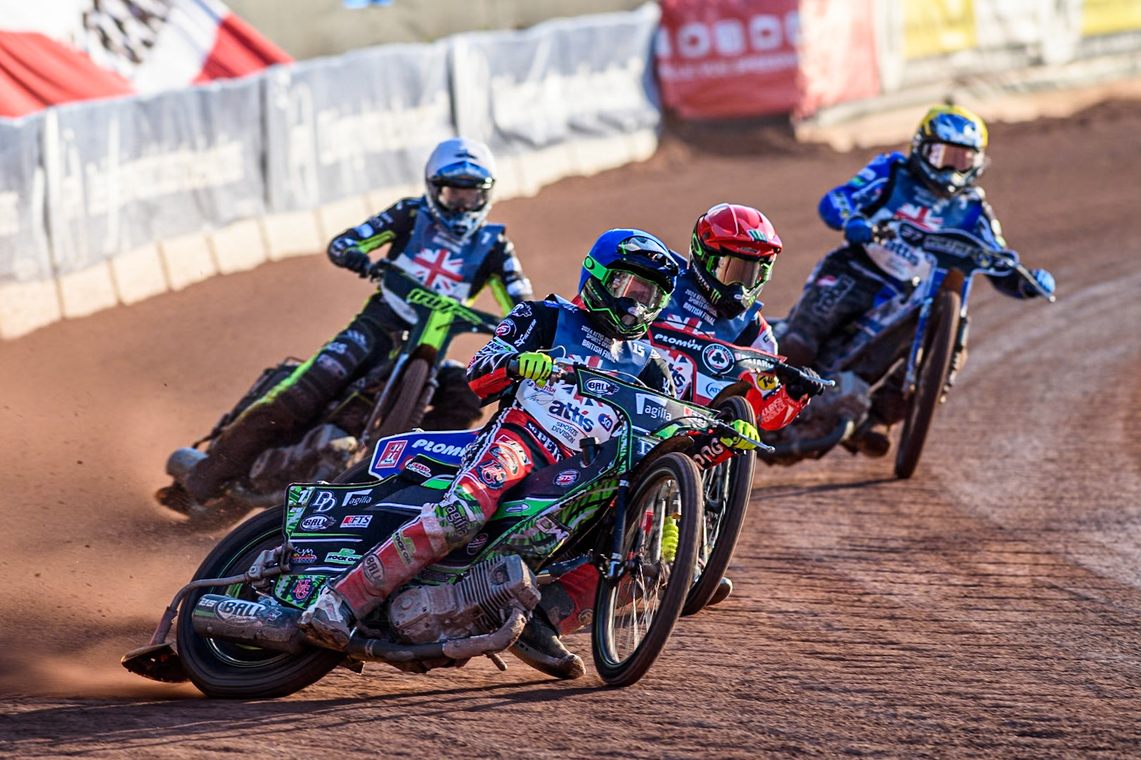 Charles Wright in Blue leading Dan Bewley in Red, Adam Ellis in White and Chris Harris in Yellow during the Attis Insurance Sports Division British Speedway Championship Final at the National Speedway Stadium, Manchester on Saturday 8th June 2024. (Photo: Ian Charles | MI News)