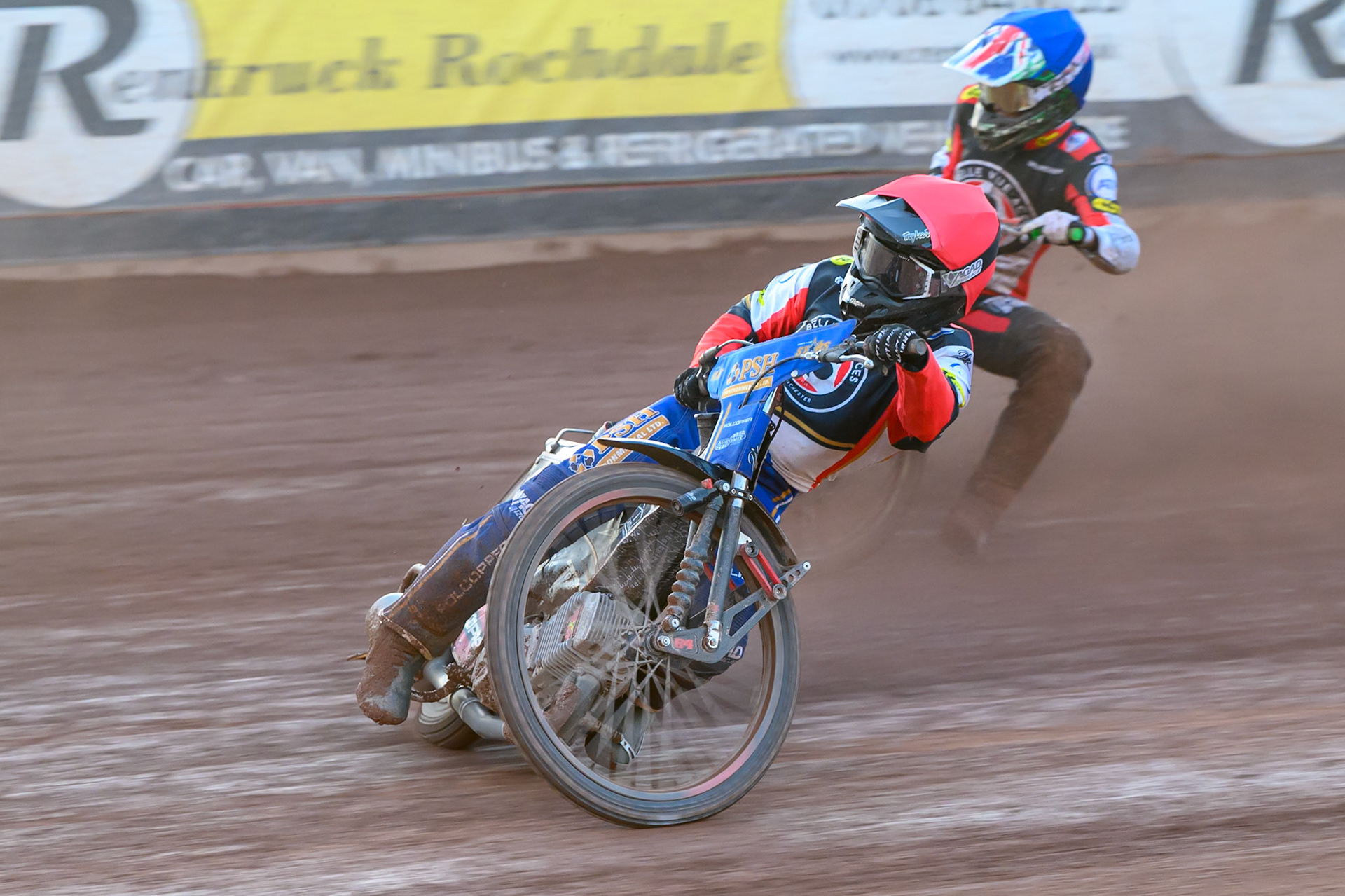 Ben Cook, Guest Rider for Belle Vue Aces in Red leading Tate Zischke of Belle Vue Aces in Blue during the Rowe Motor Oil Premiership match between Belle Vue Aces and Northampton Foxes at the National Speedway Stadium, Manchester on Monday 13th July 2026. (Photo: Ian Charles | MI News)
