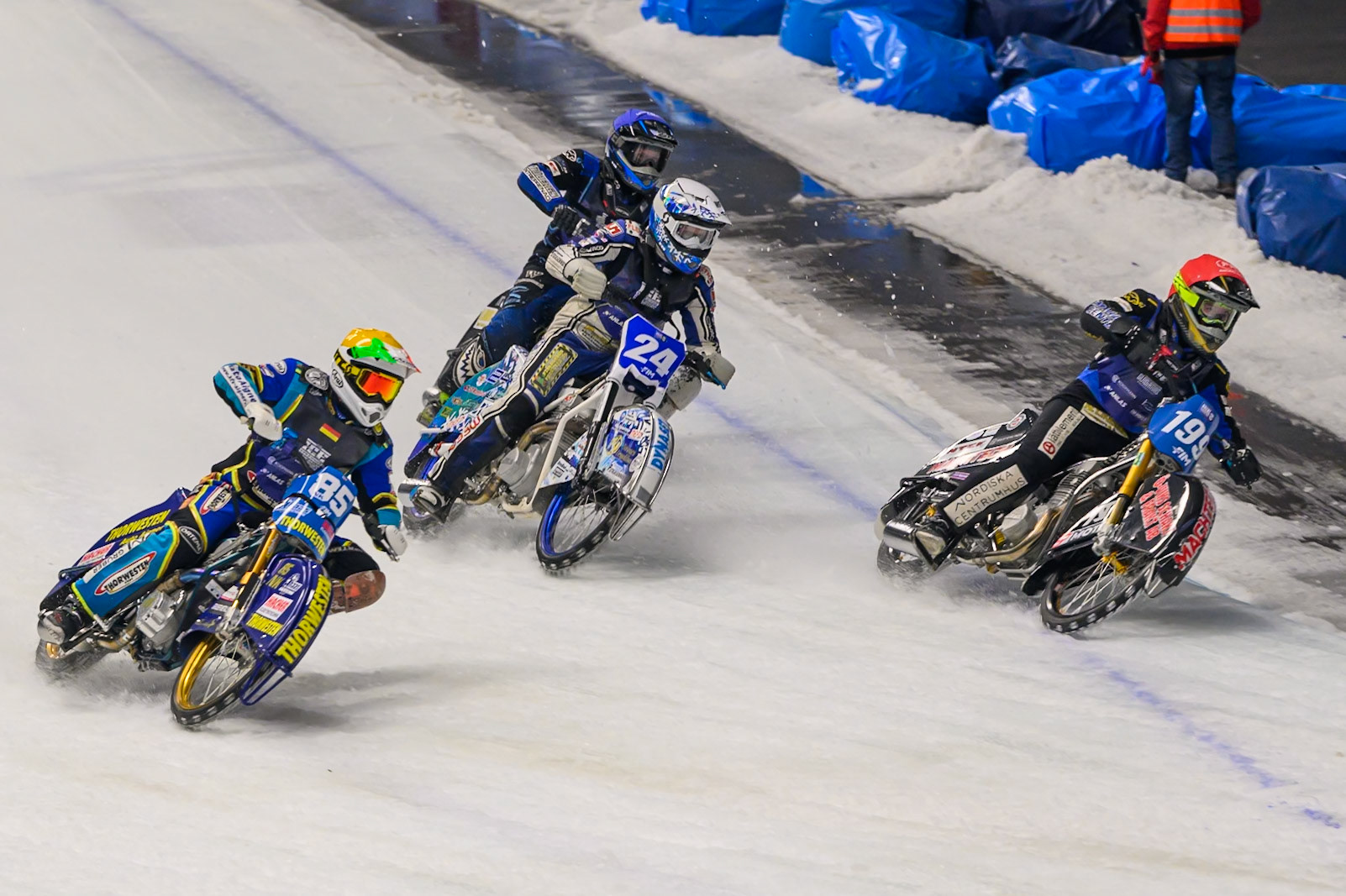 Sunday's Final: Martin Haarahiltunen (199) of Sweden in Red leading Max Koivula (24) of Finland in White, Luca Bauer (85) of Italy/Germany in Yellow and Niclas Svensson (192) of Sweden  in Blue during the Ice Speedway Gladiators World Championship Final 2 at Max-Aicher-Arena, Inzell on Sunday 15th March 2026. (Photo: Ian Charles | MI News)