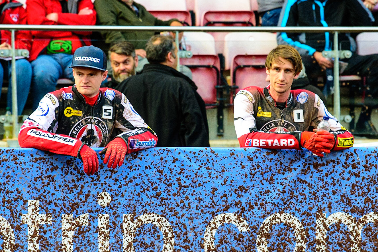 MANCHESTER, UK. MAY 16TH Brady Kurtz  (left) and Max Fricke  watch the track prep during the SGB Premiership match between Belle Vue Aces and King's Lynn Stars at the National Speedway Stadium, Manchester on Monday 16th May 2022. (Credit: Ian Charles | MI News)
