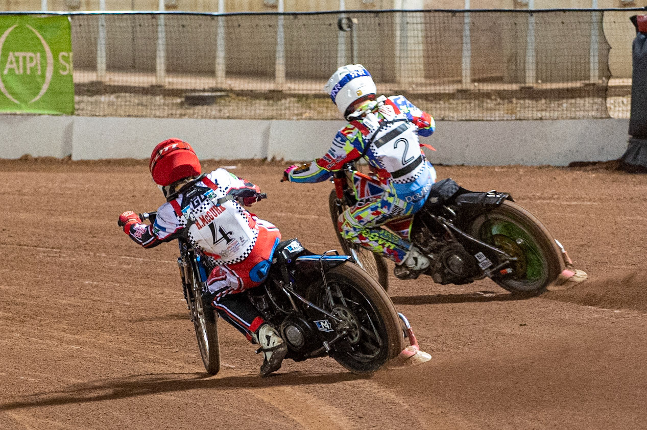 Photo: Ian CharlesHarry McGurk (Red) tries to pass Jake Mulford (White) on the inside (500cc A Class)British Youth Speedway Championship (Round 5), National Speedway Stadium, Manchester Saturday  10  October  2020