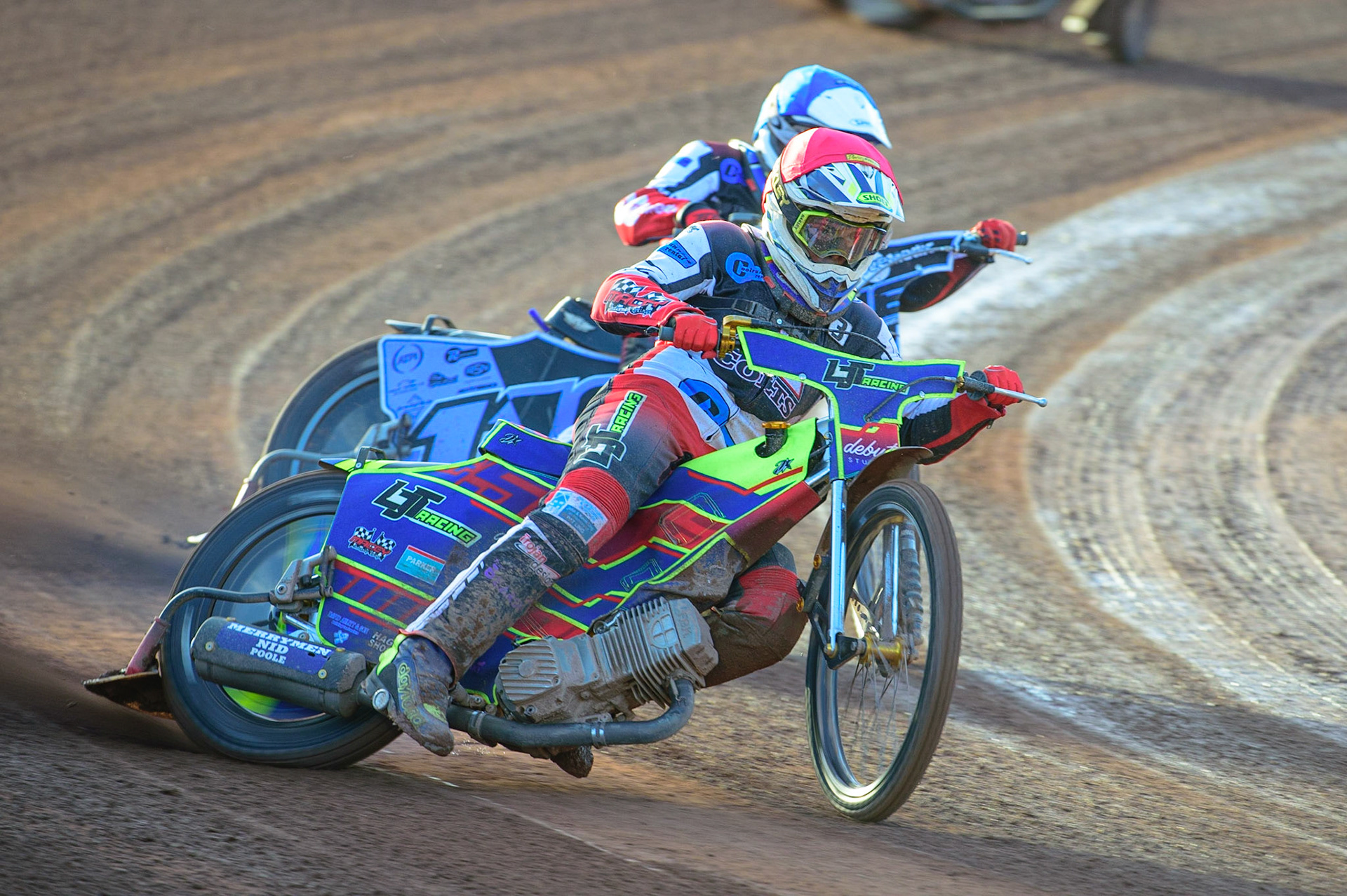 MANCHESTER, UK. MAY 27TH Nathan Ablitt  (Red) leads Sam McGurk  (Blue) during the National Development League match between Belle Vue Colts and Armadale Devils at the National Speedway Stadium, Manchester on Friday 27th May 2022. (Credit: Ian Charles | MI News)