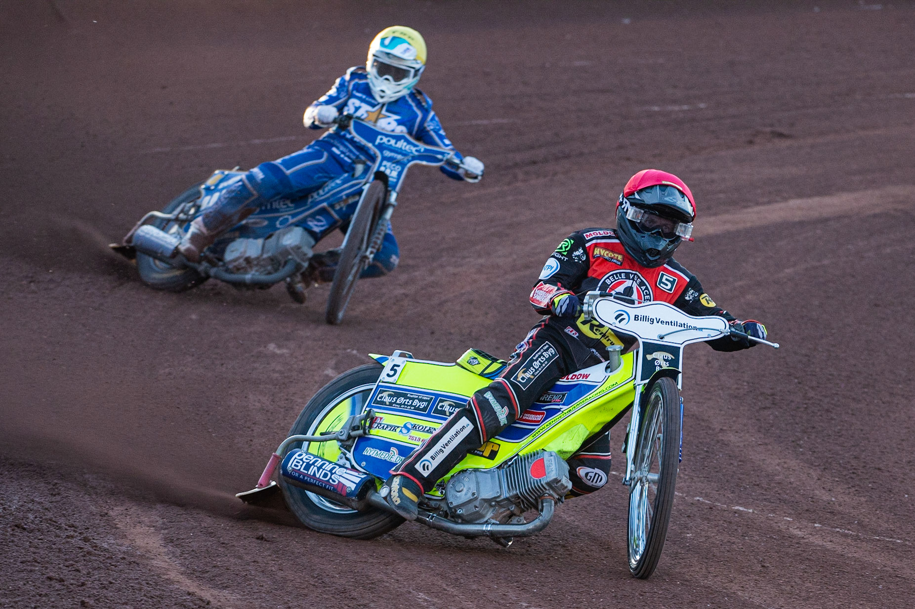 Photo: Ian Charles

​Kenneth Bjerre​​  (Red) leads ​Erik Riss​​  (Yellow)

Belle Vue Aces v Kings Lynn Stars, British Speedway Premiership, Belle Vue National Speedway Stadium, Manchester, Thursday 16  May  2019