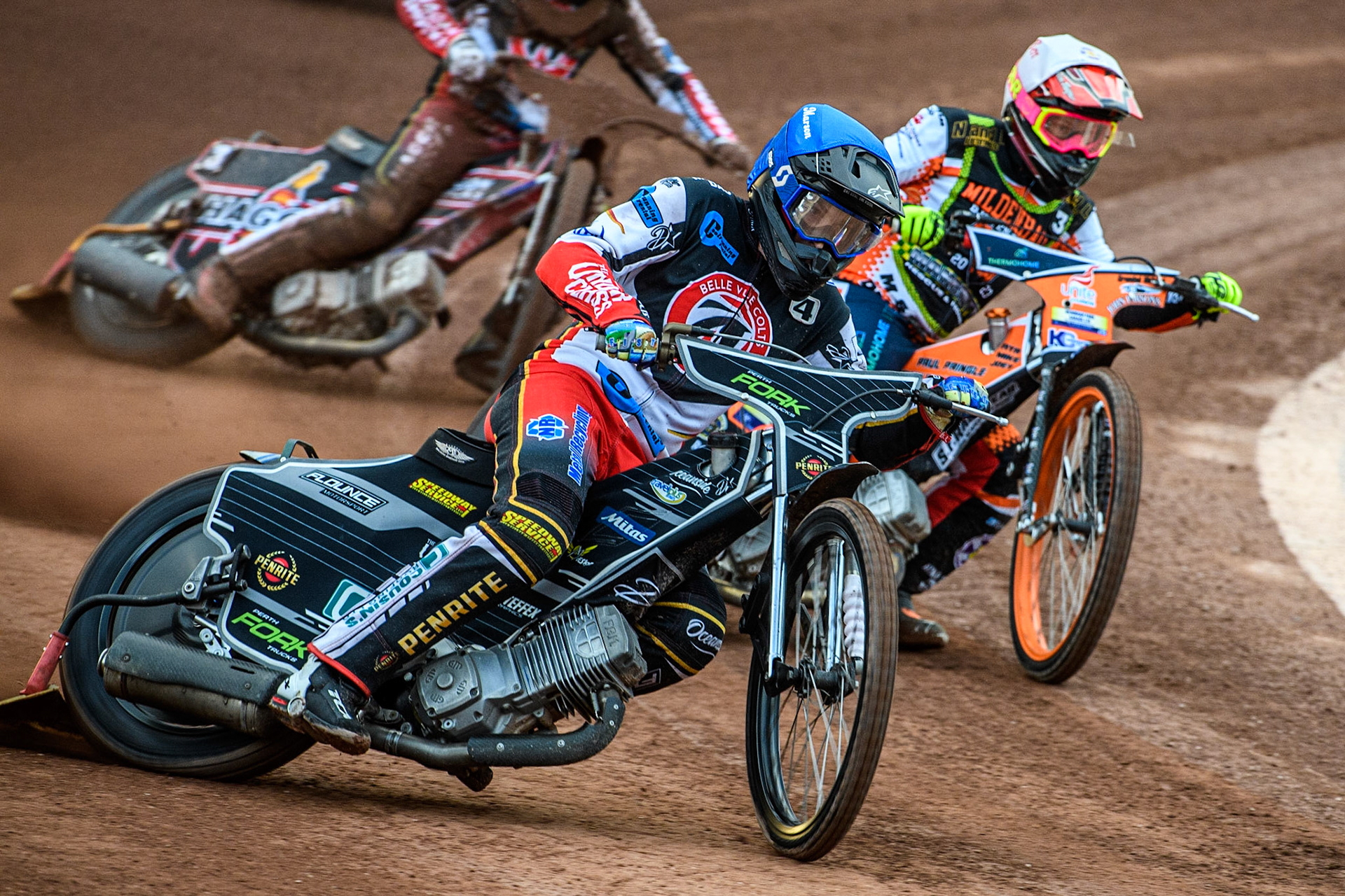 Matt Marson (Blue) outside Ben Trigger (White) during the National Development League match between Belle Vue Colts and Mildenhall Fens Tigers at the National Speedway Stadium, Manchester on Friday 26th May 2023. (Photo: Ian Charles | MI News)