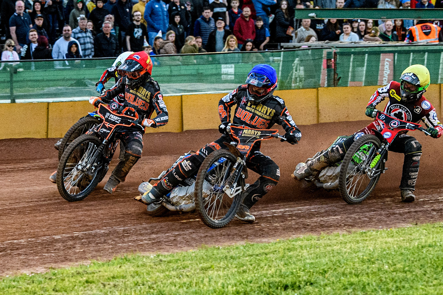 Steve Worrall (Blue) and Sam Masters (Red) lead Jaimon Lidsey (White) and Charles Wright (Yellow) during the Sports Insure Premiership match between Wolverhampton Wolves and Belle Vue Aces at Monmore Green Stadium, Wolverhampton on Monday 29th May 2023. (Photo: Ian Charles | MI News)