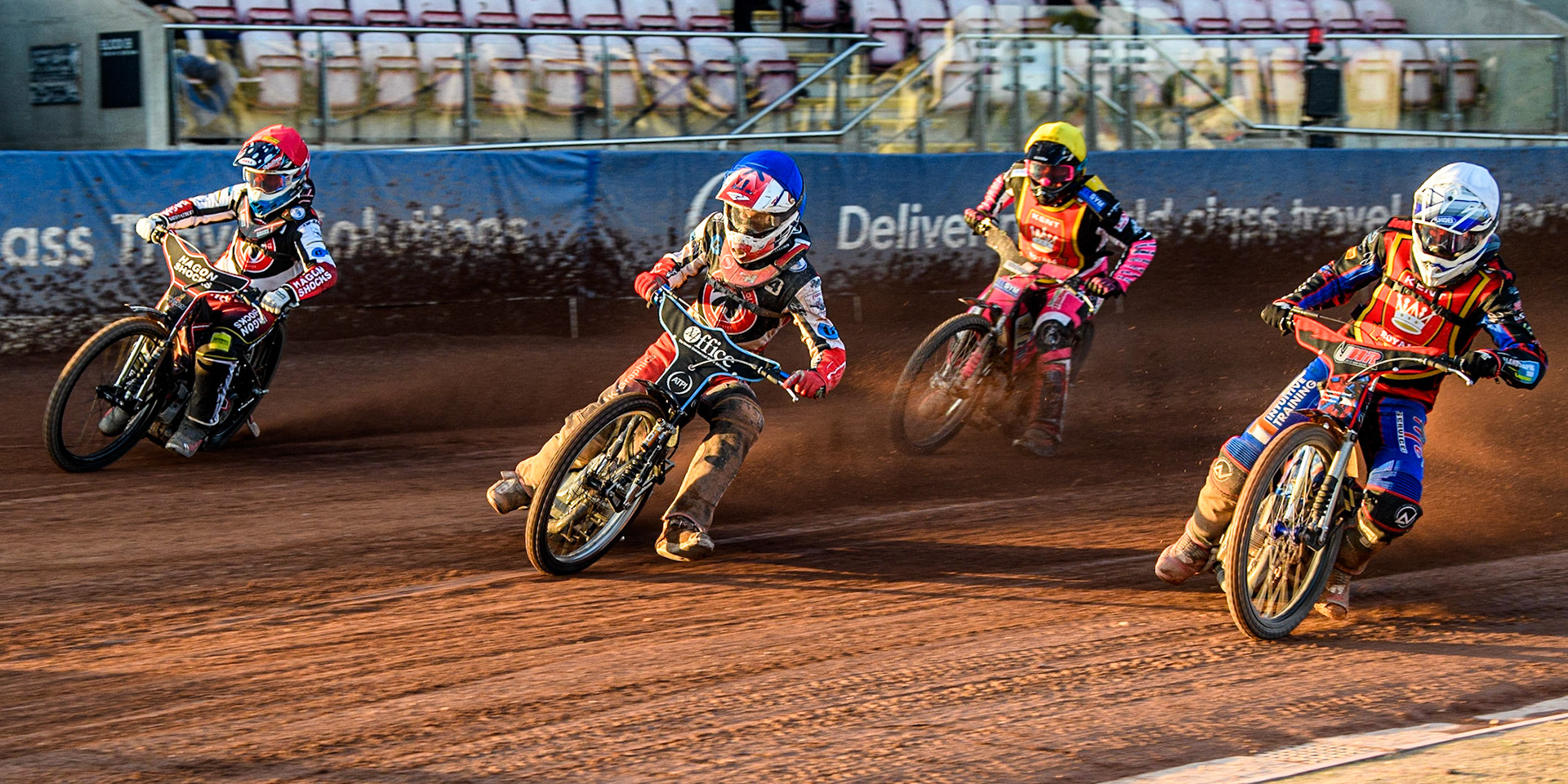 Jacob Hook (White) inside Freddy Hodder (Blue) and Sam Hagon (Red) with Sam Woolley (Yellow) behind during the National Development League match between Belle Vue Colts and Kent Royals at the National Speedway Stadium, Manchester on Friday 7th July 2023. (Photo: Ian Charles | MI News)