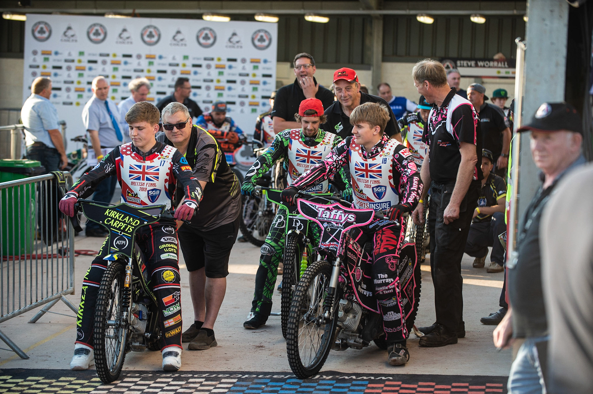 Photo: Ian Charles

The riders prepare to go out on parade

Sports Insure British Final,  Belle Vue National Speedway Stadium, Manchester Monday 29  July  2019