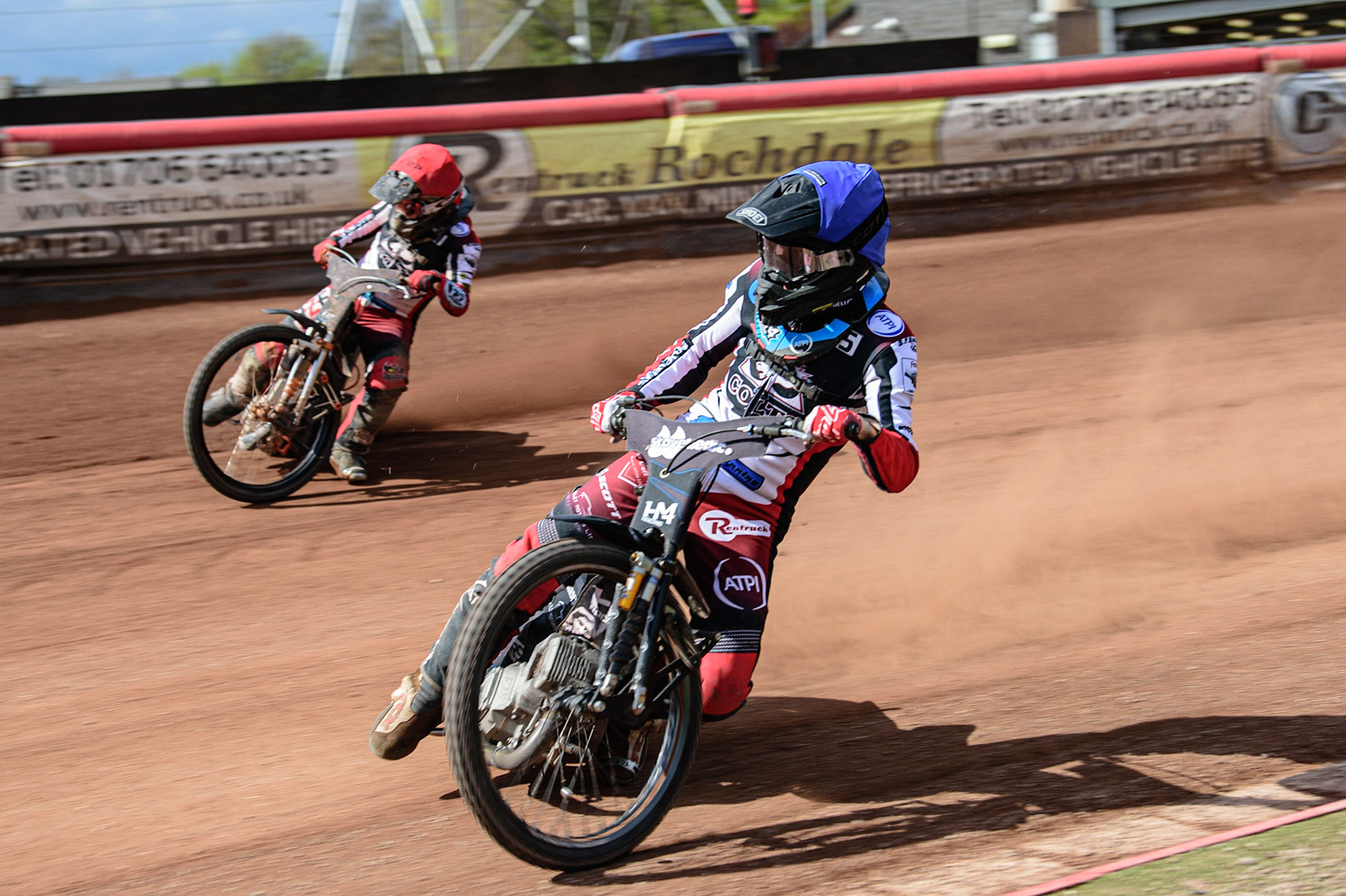 MANCHESTER, UK. APR 15TH  Harry McGurk  (Blue) inside team mate Jack Smith  (Red)  during the National Development League match between Belle Vue Colts and Plymouth Centurions at the National Speedway Stadium, Manchester on Friday 15th April 2022. (Credit: Ian Charles | MI News)