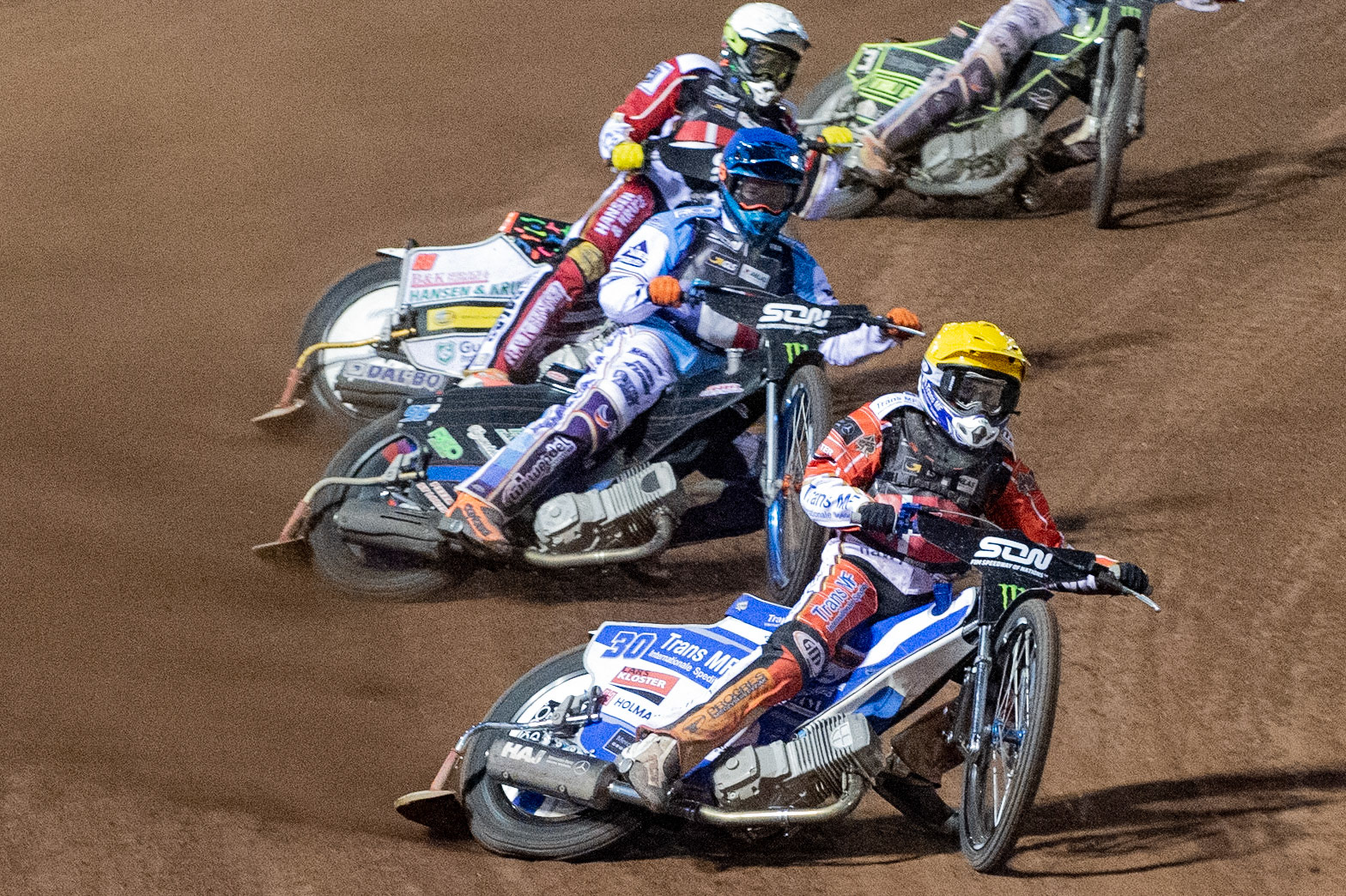 Photo: Ian Charles

Leon Madsen (Yellow) leads Dimitri Berge (Blue) and Niels-Kristian Iversen (White)

Monster Energy FIM Speedway Of Nations, Race Off 2, Belle Vue National Speedway Stadium, Manchester 7 May  2019