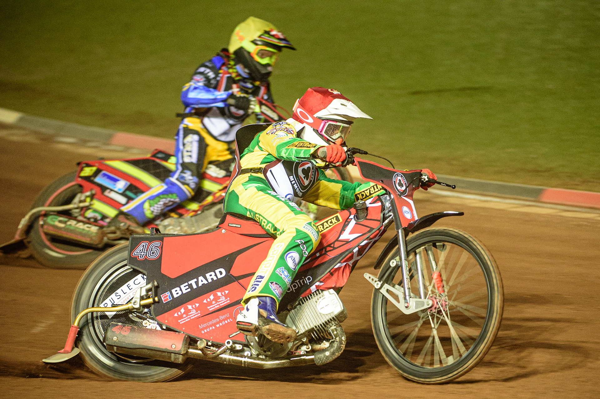 MANCHESTER, UK. MAR 21ST. Max Fricke (Red) outside Michael Palm-Toft (Yellow) during the ATPI Peter Craven Memorial Trophy at the National Speedway Stadium, Manchester on Monday 21st March 2022. (Credit: Ian Charles | MI News)