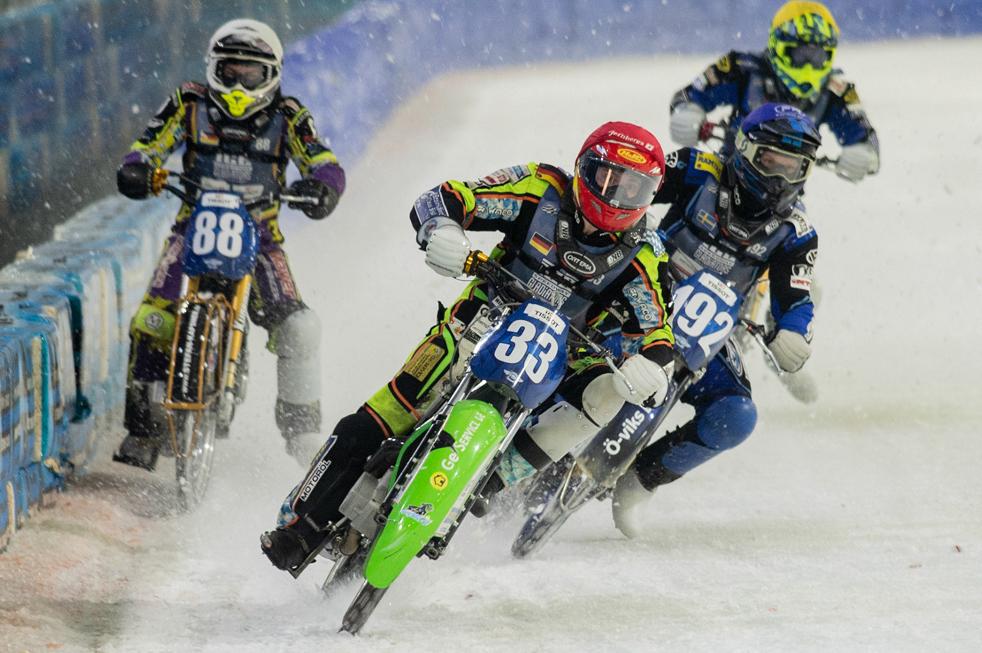 Photo: Ian Charles

Johann Weber (33) leads Niclas Svensson (192) Max Niedermaier (88) and Martin Haarahiltunen (199) down the back straight

FIM Ice Speedway Gladiators World Championship, Event 5.1, Ice Rink Thialf, Heerenveen, Netherlands Saturday  30  March  2019