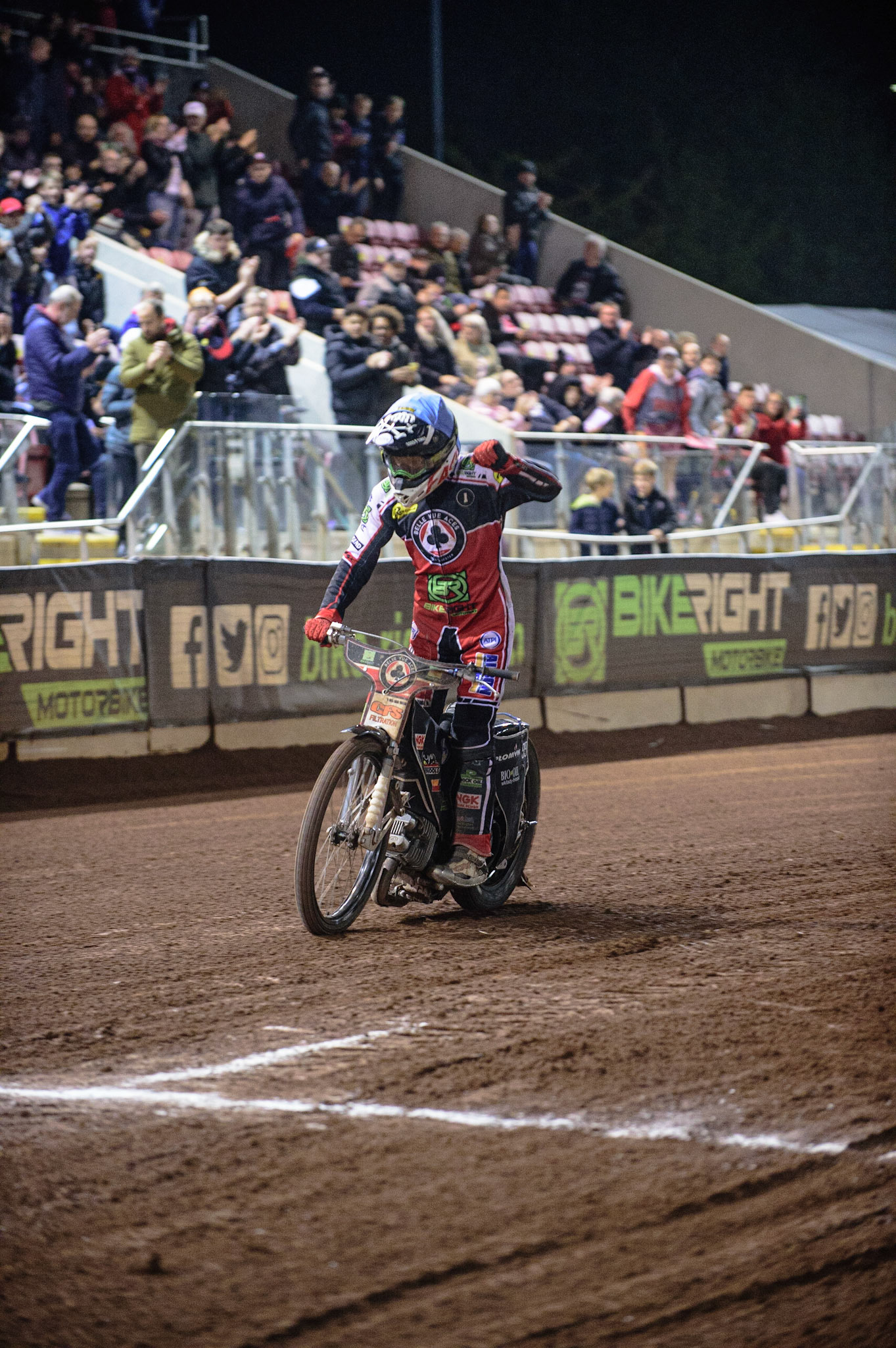 MANCHESTER, UK. OCT 11TH  Dan Bewley acknowledges the cheers after his heat win during the SGB Premiership Grand Final 1st Leg between Belle Vue Aces and Peterborough Panthers at the National Speedway Stadium, Manchester on Monday 11th October 2021. (Credit: Ian Charles | MI News)