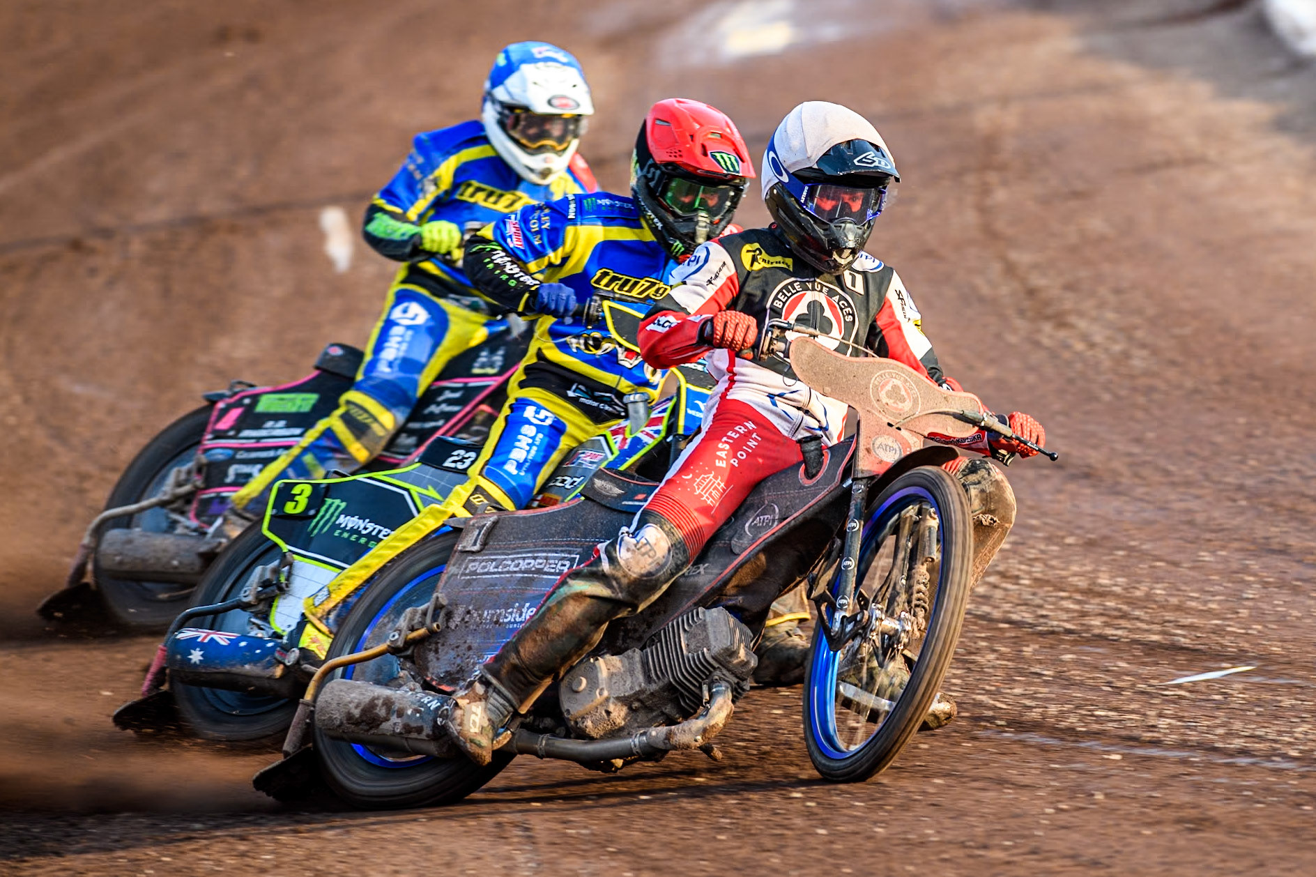 Belle Vue Aces' Brady Kurtz  in White leading Sheffield Tigers' Chris Holder  in Red and Sheffield Tigers' Josh Pickering  in Yellow during the Premiership KO Cup Quarter Final, 2nd Leg match between Sheffield Tigers and Belle Vue Aces at Owlerton Stadium, Sheffield on Thursday 9th May 2024. (Photo: Ian Charles | MI News)