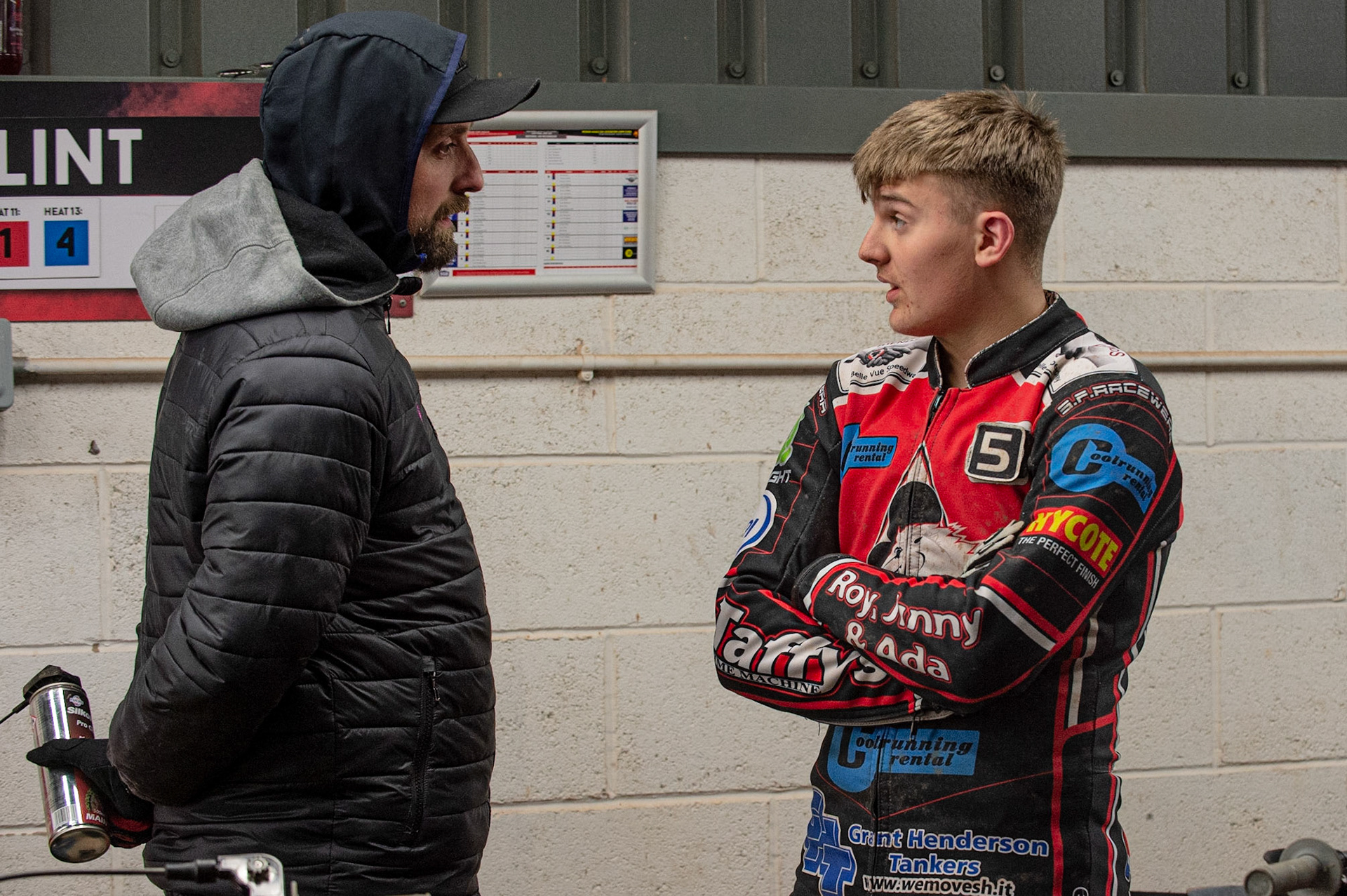 Photo: Ian Charles

Leon Flint  (right) chats with Dad Gary between heats

Belle Vue Colts v Leicester Lion Cubs, SGB National League KO Cup Final (2nd Leg), Belle Vue National Speedway Stadium, Manchester, Tuesday 29  October  2019