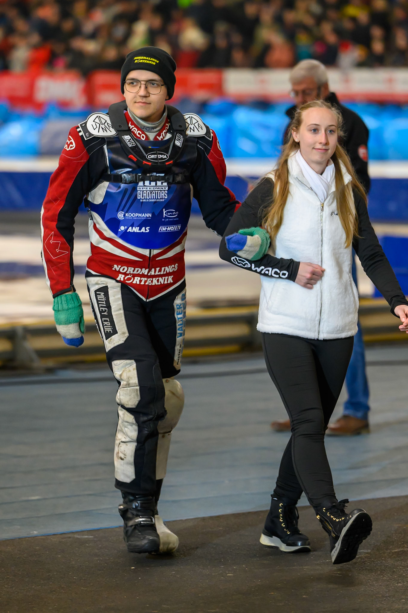 Ove Ledström (97) of Sweden is accompanied by a start girl  during the Ice Speedway Gladiators World Championship Final 2 at Max-Aicher-Arena, Inzell on Sunday 15th March 2026. (Photo: Ian Charles | MI News)