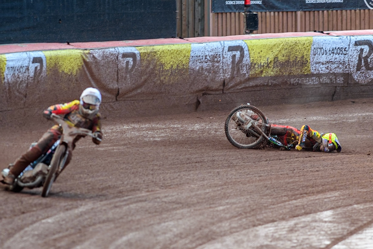 Leicester Lion Cubs' Vinnie Foord is a faller during the WSRA  National Development League match between Belle Vue Colts and Leicester Lion Cubs at the National Speedway Stadium, Manchester on Friday 29th March 2024. (Photo: Ian Charles | MI News)