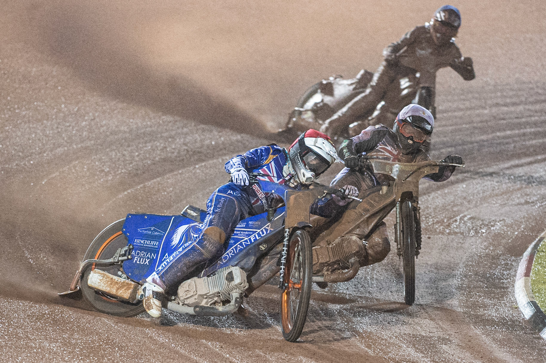 Photo: Ian CharlesLewis Kerr (Red) leads  Danny King   (White)  and Drew Kemp   (Blue)   Sports Insure British Speedway Championship Final, National Speedway Stadium, Manchester Monday  28  September  2020