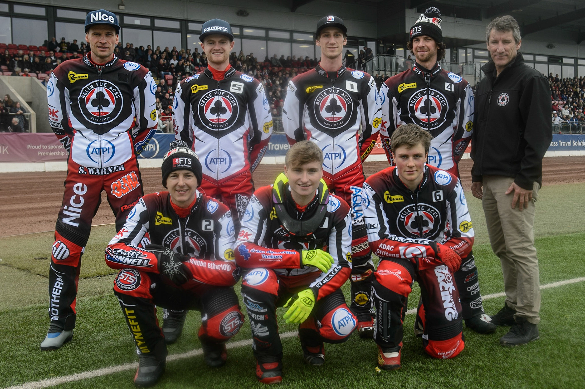 MANCHESTER, UK. MAY 2ND Belle Vue ATPI Aces  - Rear( l-r) Matej Žagar , Brady Kurtz , Max Fricke , Charles Wright, Mark Lemon  (Manager), )Kneeling: Jye Etheridge  , Tom Brennan , Norick Blödorn   during the SGB Premiership match between Belle Vue Aces and Peterborough at the National Speedway Stadium, Manchester on Monday 2nd May 2022. (Credit: Ian Charles | MI News)