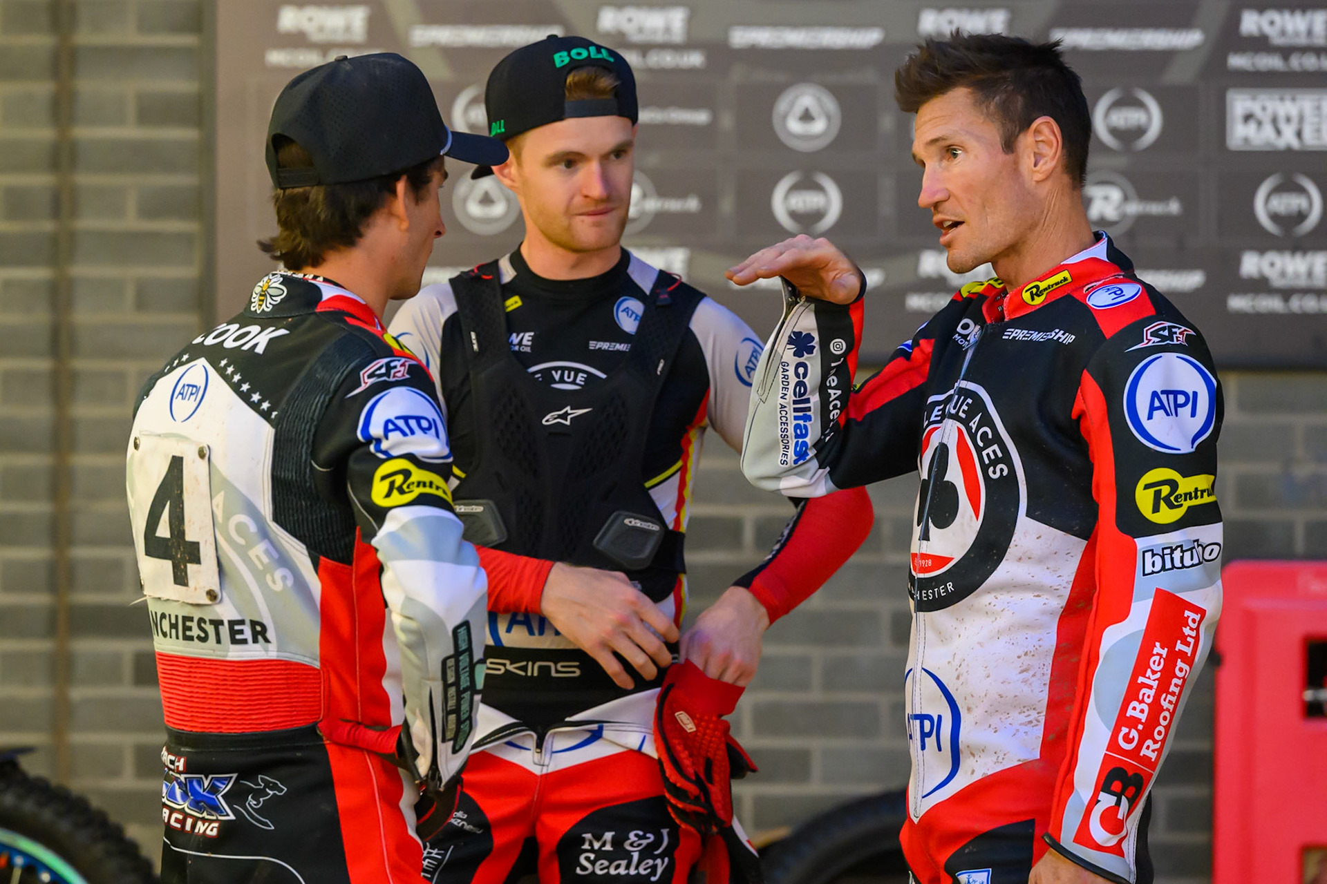 (L to R) Zach Cook of Belle Vue Aces Brady Kurtz of Belle Vue Aces and Jason Doyle of Belle Vue Aces during the Rowe Motor Oil Premiership match between Belle Vue Aces and Leicester Lions at the National Speedway Stadium, Manchester on Monday 3rd August 2026. (Photo: Ian Charles | MI News)