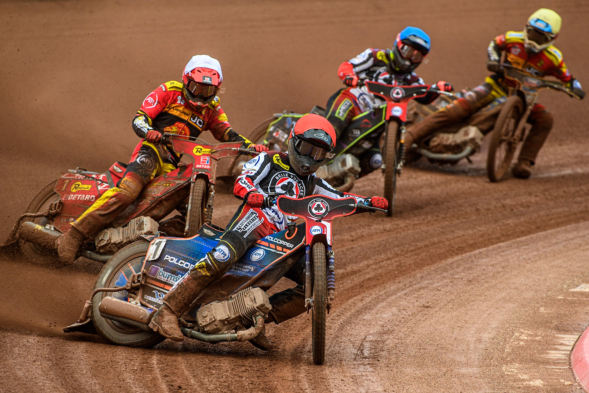 Brady Kurtz (Red) leads  Max Fricke (White), Tom Brennan (Blue) and Justin Sedgmen (Yellow) during the Sports Insure Premiership match between Belle Vue Aces and Leicester Lions at the National Speedway Stadium, Manchester on Monday 28th August 2023. (Photo: Ian Charles | MI News)
