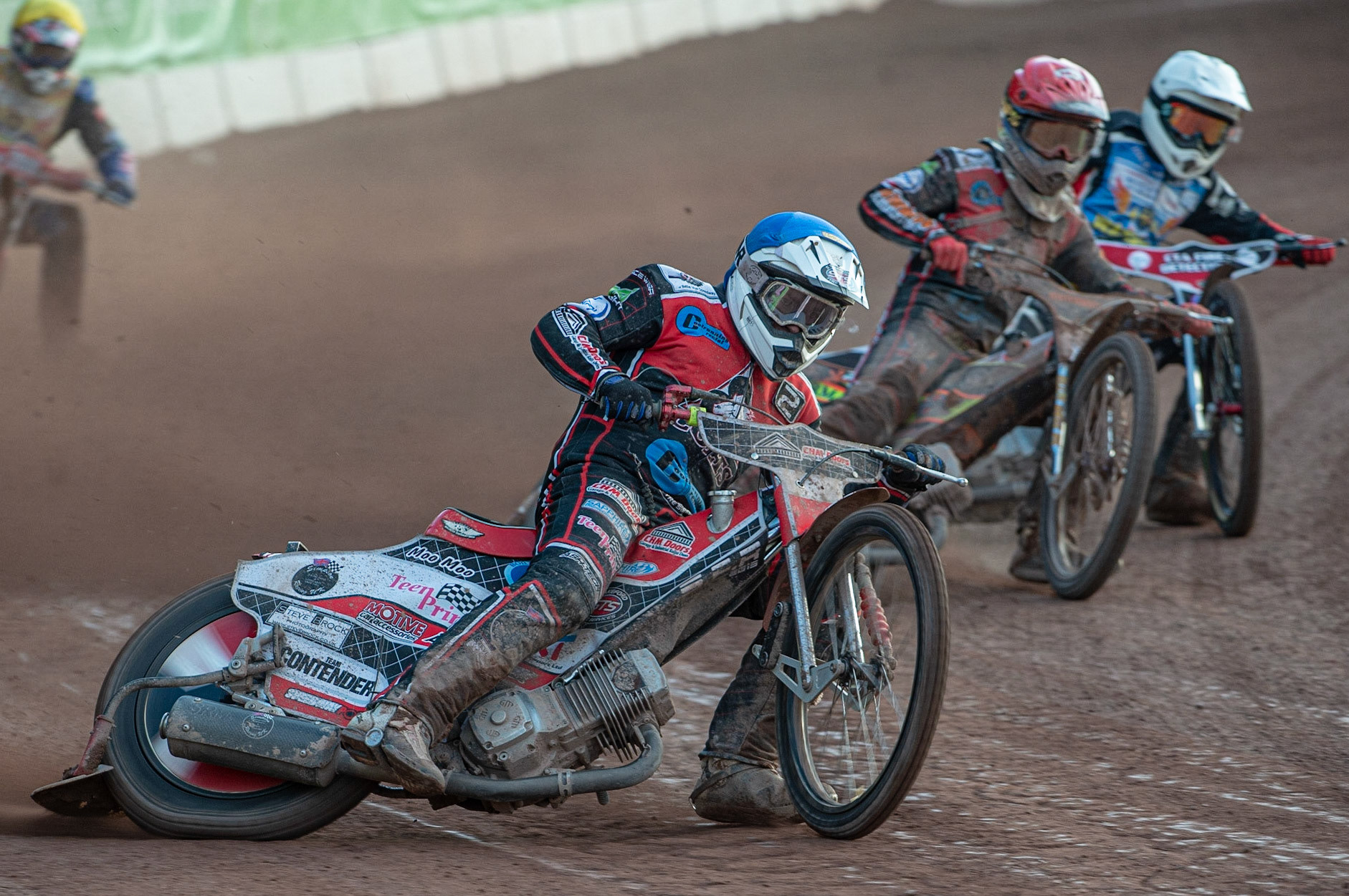 Photo: Ian Charles

Danny Phillips  (Blue) and Jordan Palin  (Red) lead Ben Morley  (White)

Belle Vue Colts v Isle Of Wight Warriors, SGB National League KO Cup Quarter Final 1st Leg, Belle Vue National Speedway Stadium, Manchester, Monday 22  July  2019