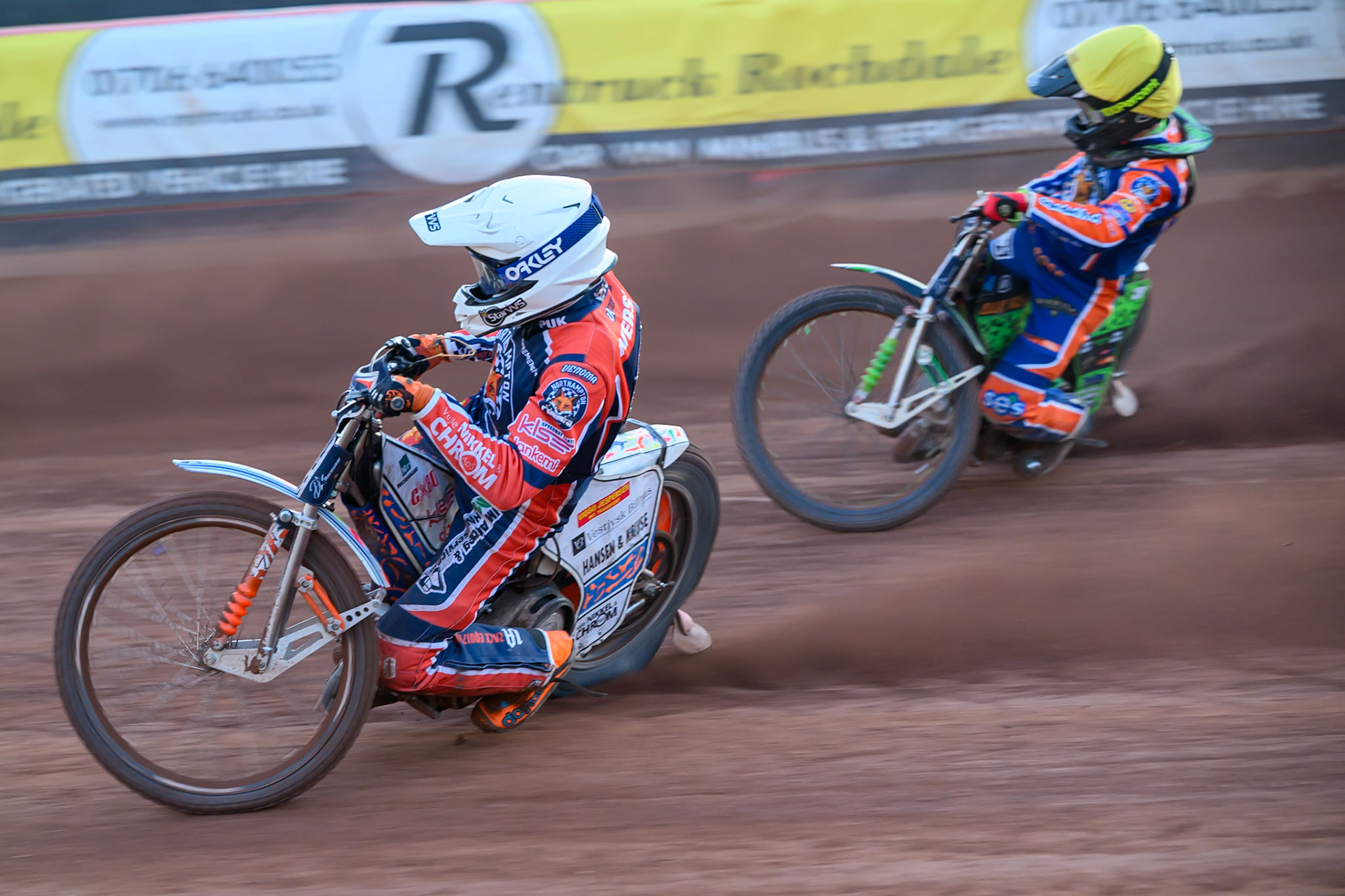 Niels-Kristian Iversen of Northampton Foxes in White leading Luke Harrison of Northampton Foxes in Yellow during the Rowe Motor Oil Premiership match between Belle Vue Aces and Northampton Foxes at the National Speedway Stadium, Manchester on Monday 13th July 2026. (Photo: Ian Charles | MI News)