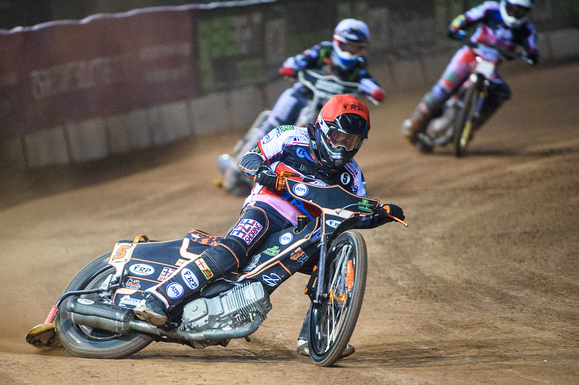 MANCHESTER, SEPT 3RD. Jack Smith  (Red) leads Sam Hagon  (White),and Paul Bowen  (Blue) during the National Development League match between Belle Vue Aces and Mildenhall Fens Tigers at the National Speedway Stadium, Manchester on Friday 3rd September 2021. (Credit: Ian Charles | MI News)