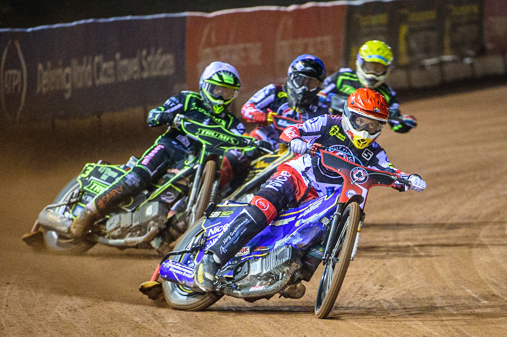 Robert Lambert (Red) leads Danny King  (White), Norick Blodorn  (Blue) and Rohan Tungate  (Yellow) during the SGB Premiership Semi Final 2nd Leg between Belle Vue Aces and Ipswich Witches at the National Speedway Stadium, Manchester on Monday 3rd October 2022. (Credit: Ian Charles | MI News)