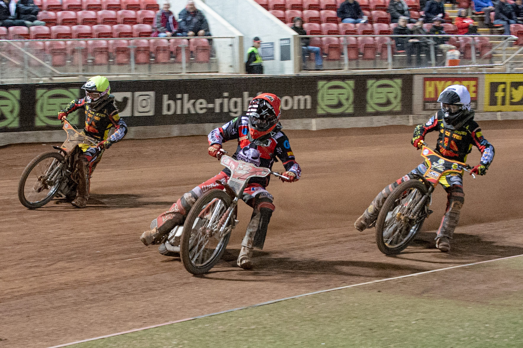Photo: Ian Charles

Connor Bailey  (Red) leads Dan Thomson  (White) and Joe Thomson (Yellow)

Belle Vue Colts v Leicester Lion Cubs, SGB National League KO Cup Final (2nd Leg), Belle Vue National Speedway Stadium, Manchester, Tuesday 29  October  2019