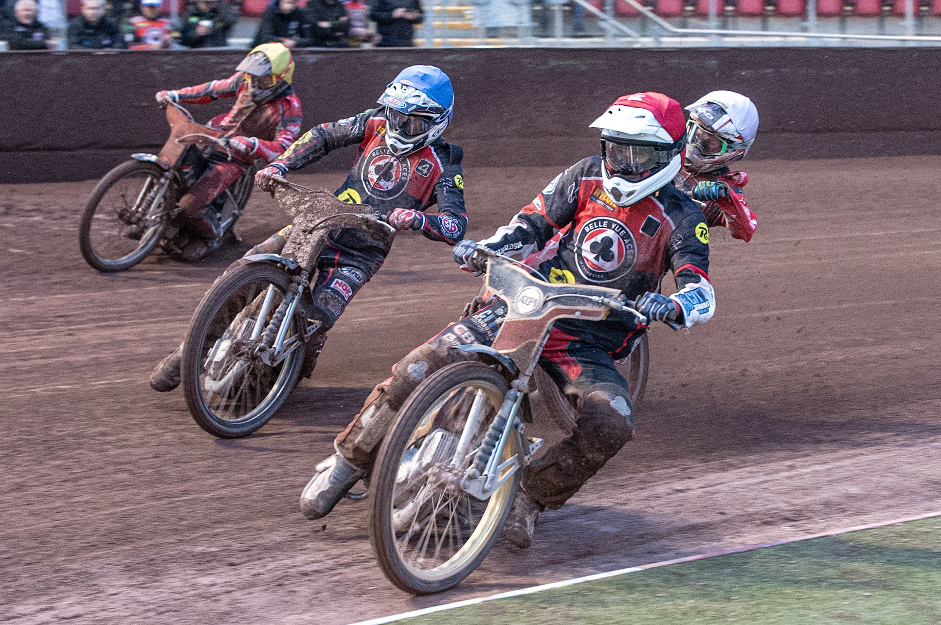 Photo by Ian Charles:

Belle Vue Aces  Max Fricke  (Red) and Steve Worrall  (Blue) go for maximum points in heat 15 ahead of Charles Wright  (White) and Bradley Wilson-Dean  (Yellow)


Belle Vue Aces v Peterborough Panthers, British Speedway Premiership, National Speedway Stadium, Manchester, Thursday, 13, June, 2019