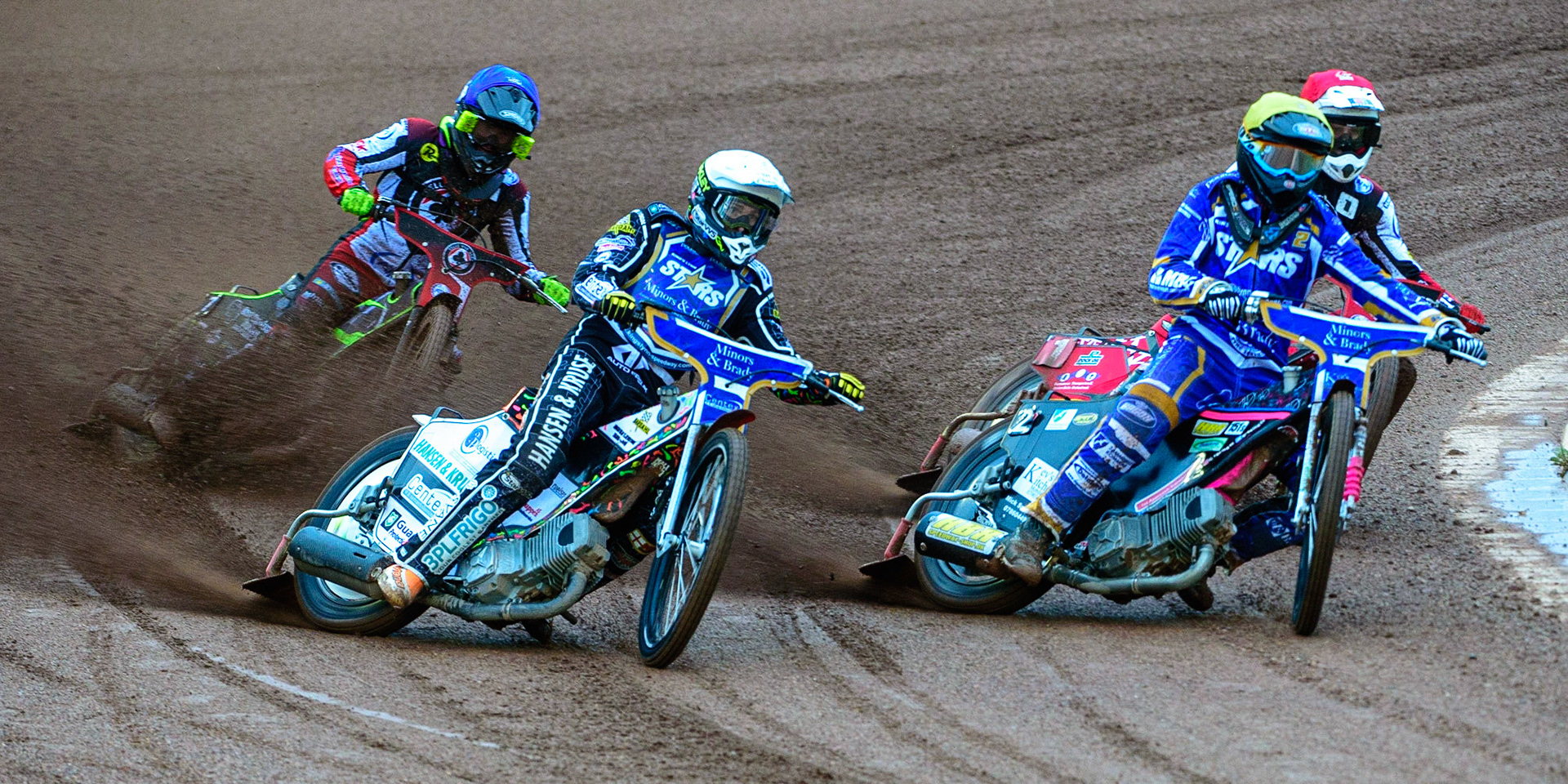 MANCHESTER, UK. MAY 16TH Niels-Kristian Iversen  (White) and Thomas Jorgensen  (Yellow) lead Max Fricke  (Red) and Tom Brennan   (Blue) during the SGB Premiership match between Belle Vue Aces and King's Lynn Stars at the National Speedway Stadium, Manchester on Monday 16th May 2022. (Credit: Ian Charles | MI News)