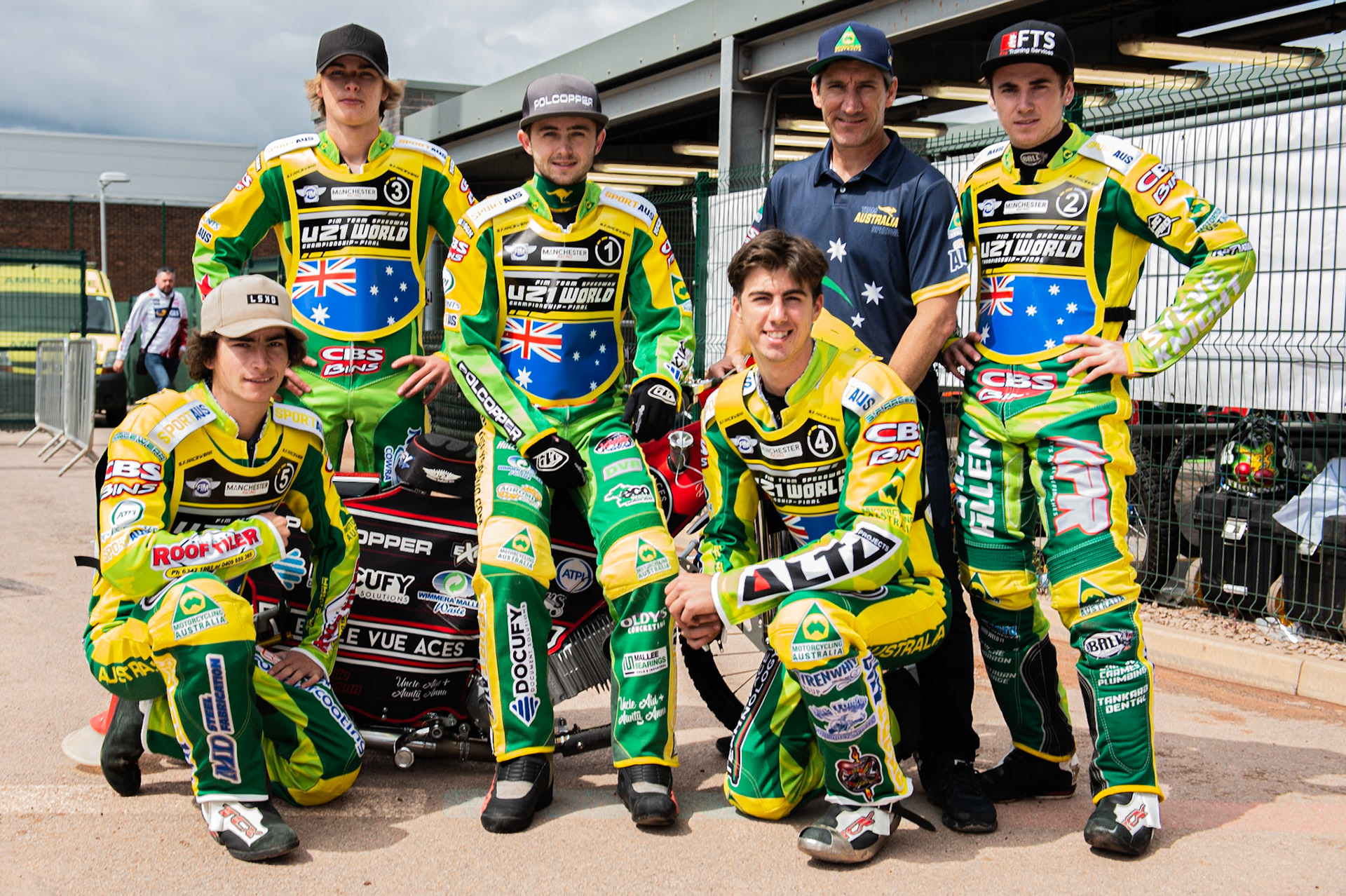 Photo: Ian Charles

Australia
Rear: (l-r) Matthew Gilmore, Jaimon Lidsey , Mark Lemon, Jordan Stewart
Kneeling: Zach Cook, Kye Thomson


FIM Team Speedway U-21 World Championship, National Speedway Stadium, Manchester Friday 12 July  2019