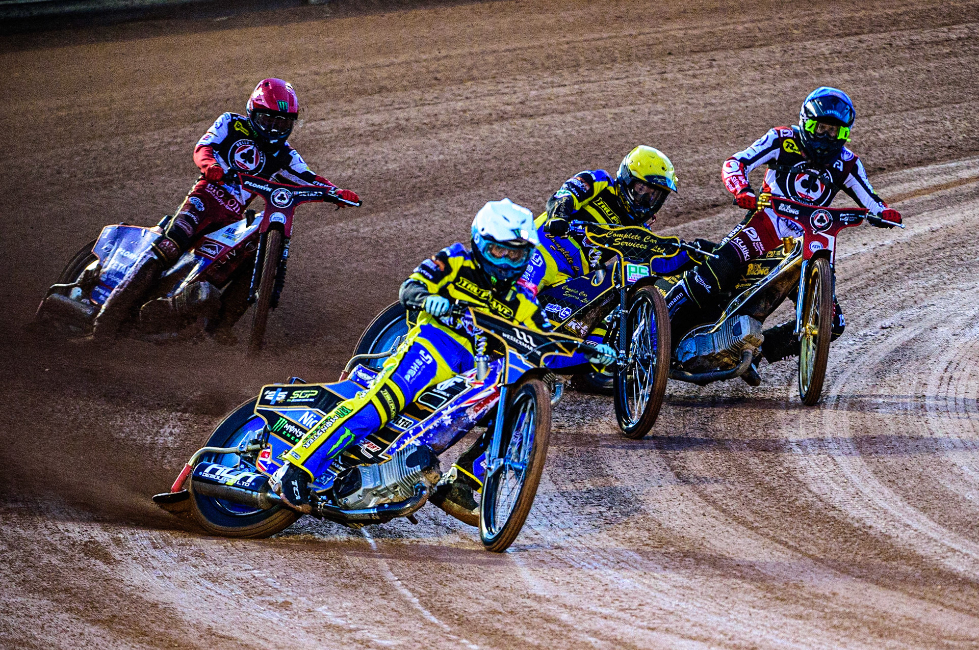 Jack Holder  (White) leads Kyle Howarth  (Yellow), Norick Blodorn  (Blue) and Dan Bewley  (Red) during the SGB Premiership match between Belle Vue Aces and Sheffield Tigers at the National Speedway Stadium, Manchester on Monday 27th March 2023. (Photo: Ian Charles | MI News)