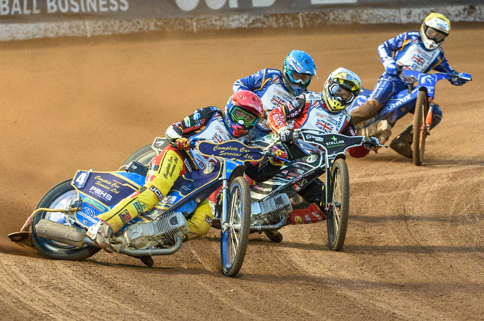 MANCHESTER, UK. AUGUST 16TH   Kyle Howarth  (Red) leads Scott Nicholls  (White), Richard Lawson. (Blue) and Lewis Kerr  (Yellow) during the Sports Insure British Speedway Finals at the National Speedway Stadium, Manchester on Monday 16th August 2021. (Credit: Ian Charles | MI News)