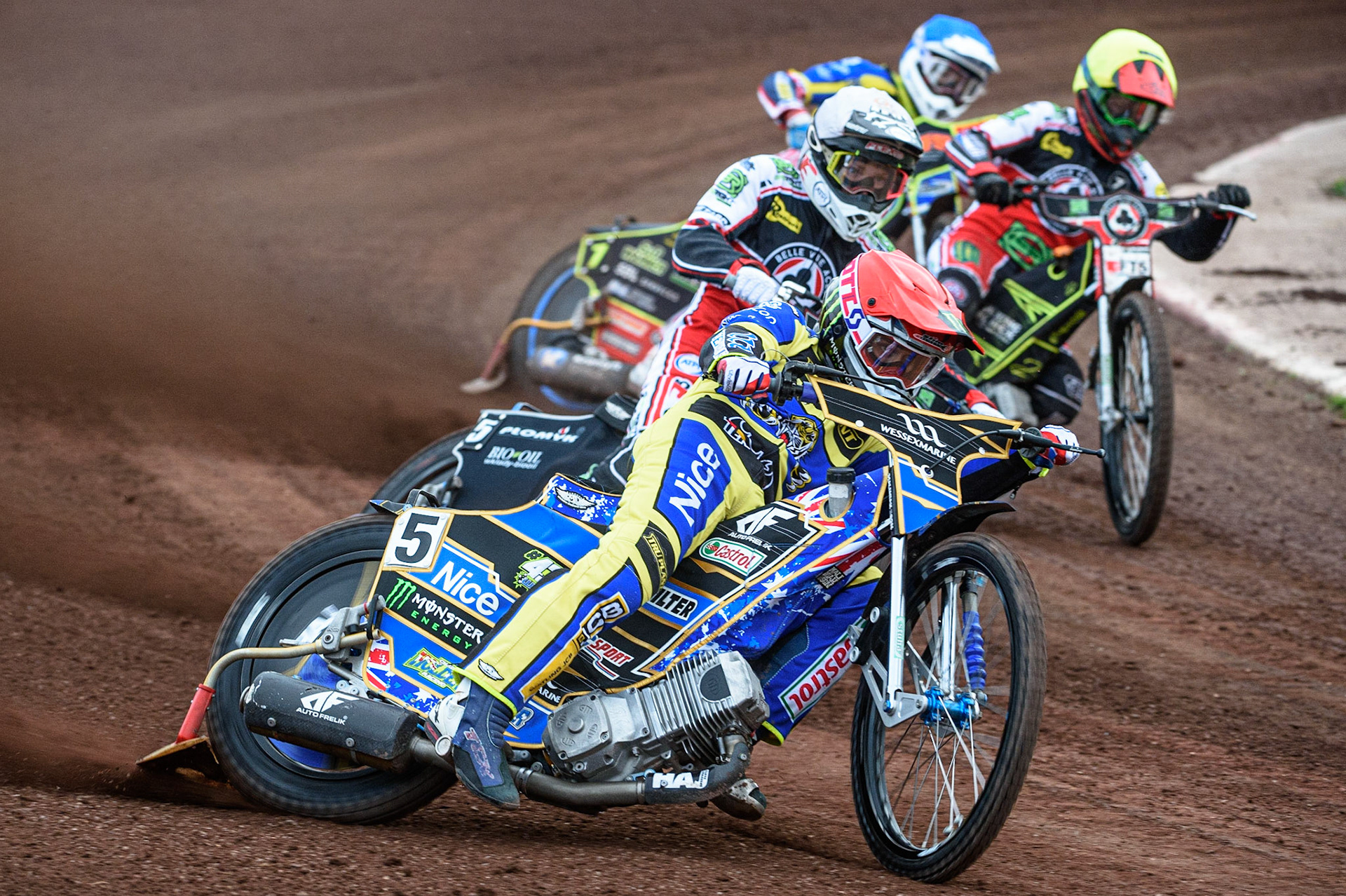 SHEFFIELD, UK. JULY 1ST     Jack Holder  (Red) leads Dan Bewley  (White), Jye Etheridge  (Yellow) and Anders Rowe  (Blue) during the SGB Premiership match between Sheffield Tigers and Belle Vue Aces at Owlerton Stadium, Sheffield on Thursday 1st July 2021. (Credit: Ian Charles | MI News)