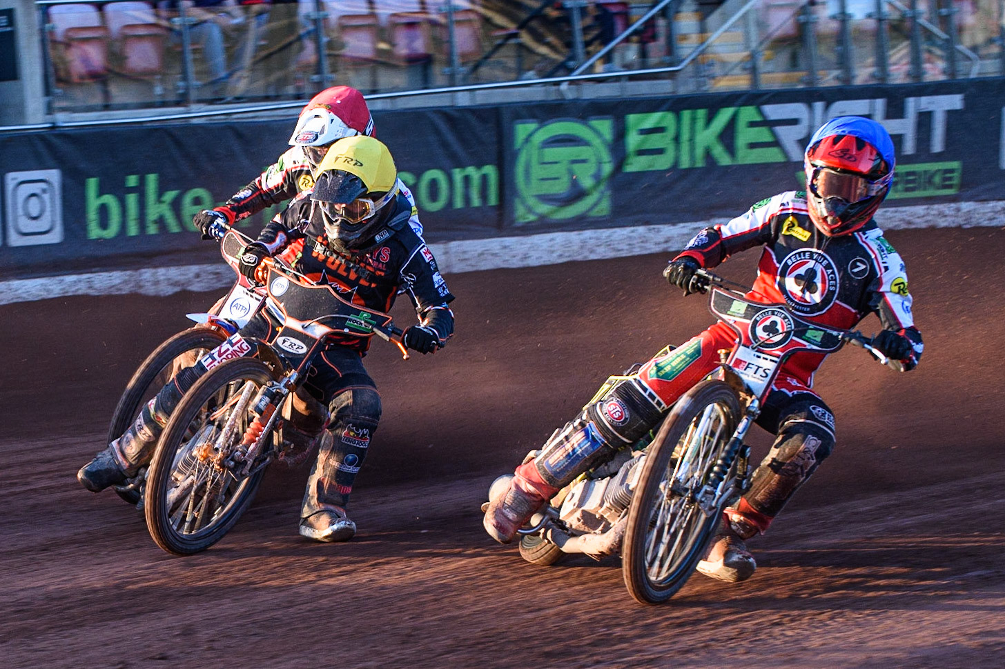 MANCHESTER, UK. JULY 15TH   Jye Etheridge  (Blue) inside Jack Smith (Yellow) and Richie Worrall  (Red) during the SGB Premiership match between Belle Vue Aces and Wolverhampton Wolves at the National Speedway Stadium, Manchester on Thursday 15th July 2021. (Credit: Ian Charles | MI News)