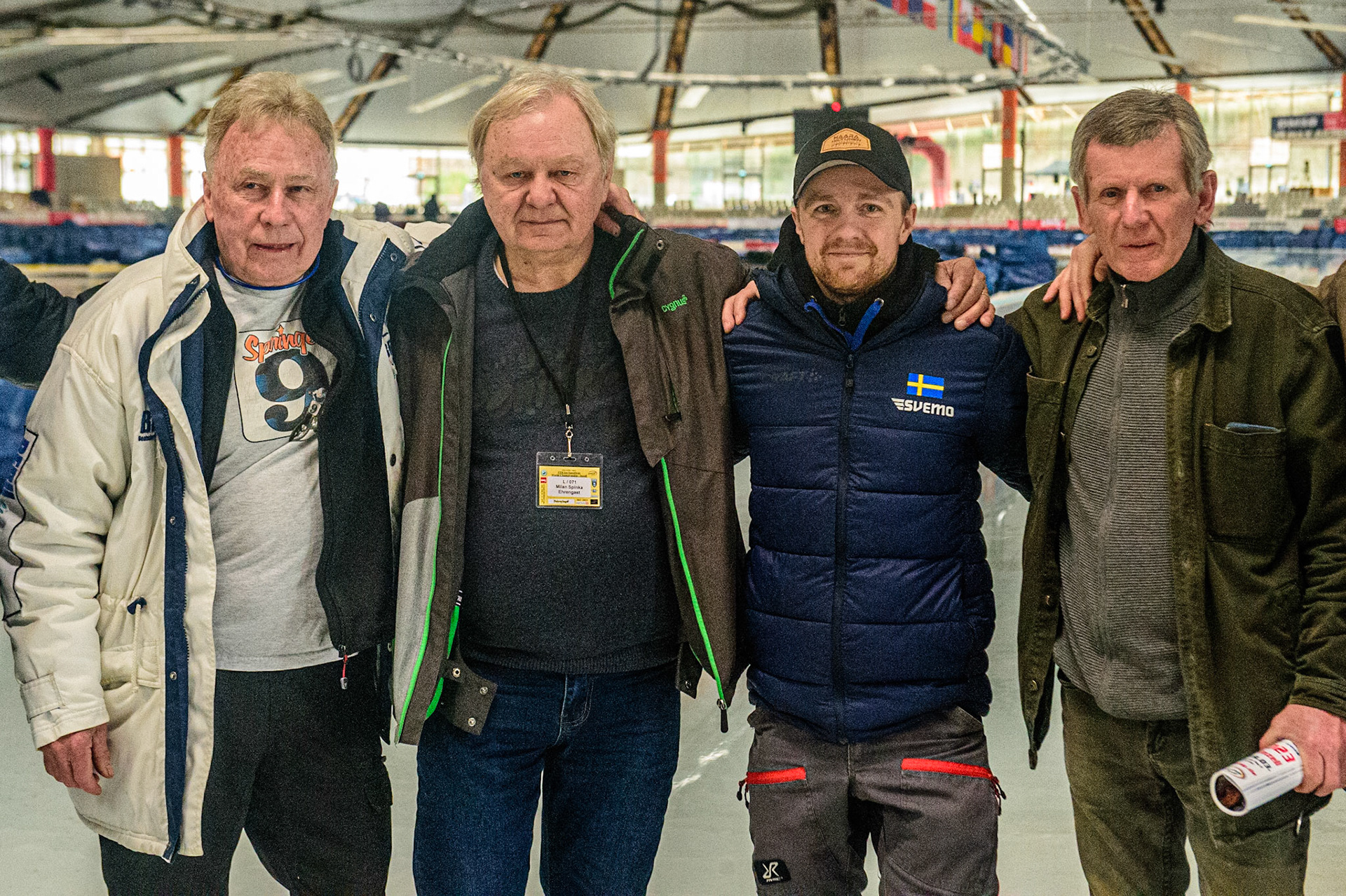 The Four World Champions (left - Right): Per-Olof Serenius (Sweden)(1995, 2002), Milan Spinka (Czech Rep) (1974), Martin Haarahiltunen (Sweden) (2022/23), Jarmo Hirvasoya (Finland) (1990) during the Ice Speedway Gladiators World Championship Final 2 at Max-Aicher-Arena, Inzell, Germany on Sunday 19th March 2023. (Photo: Ian Charles | MI News)
