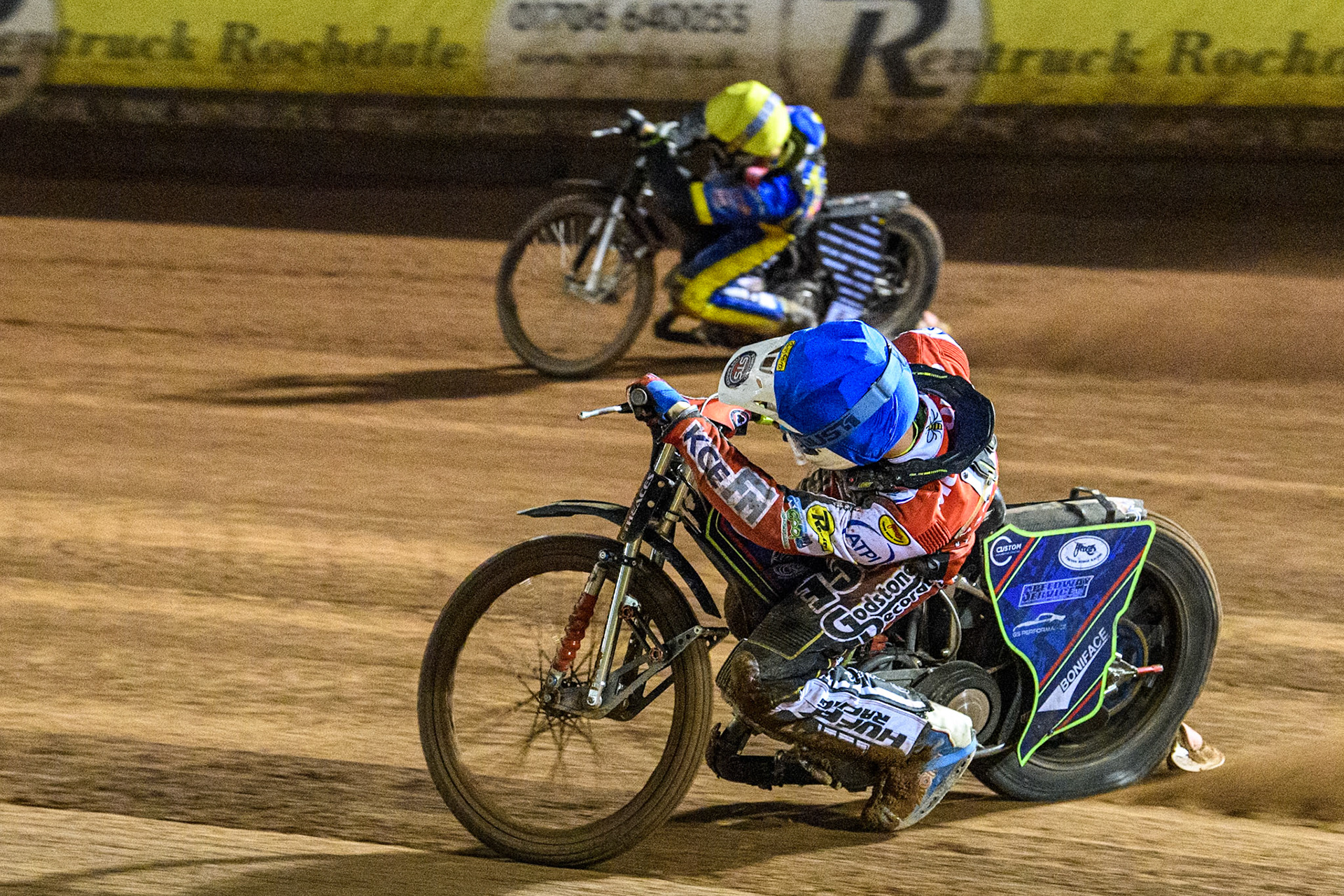 Belle Vue Aces' Jake Mulford  in Blue rides inside Sheffield Tigers' Jason Edwards  in Yellow during the Rowe Motor Oil Premiership Play Off Semi Final 2, 1st Leg match between Belle Vue Aces and Sheffield Tigers at the National Speedway Stadium, Manchester on Monday 16th September 2024. (Photo: Ian Charles | MI News)
