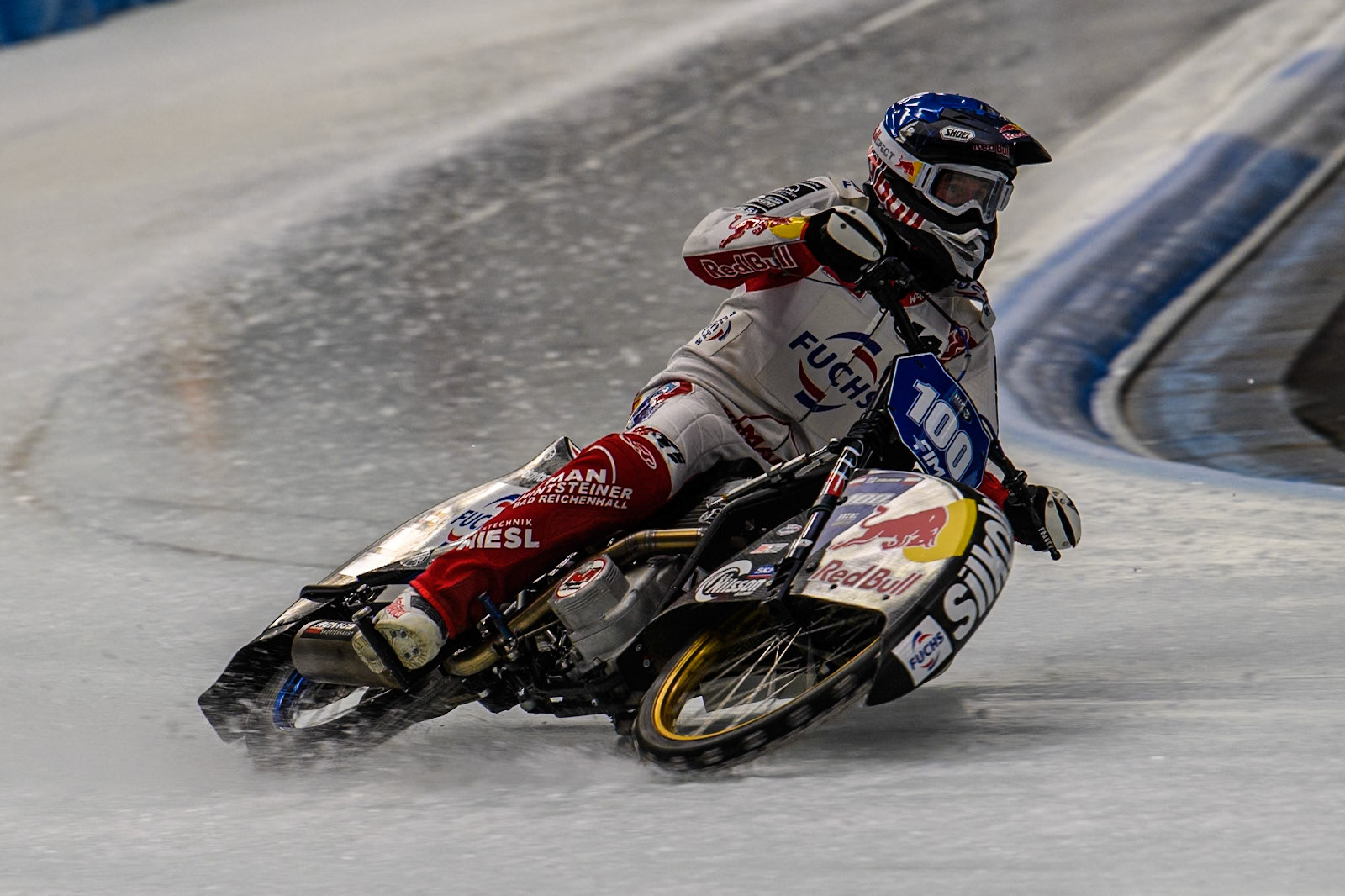 Franky Zorn (100) of Austria in action  during practice for  the Ice Speedway Gladiators World Championship Finals 1 &amp; 2 at Max-Aicher-Arena, Inzell on Friday 14th March 2025. (Photo: Ian Charles | MI News)