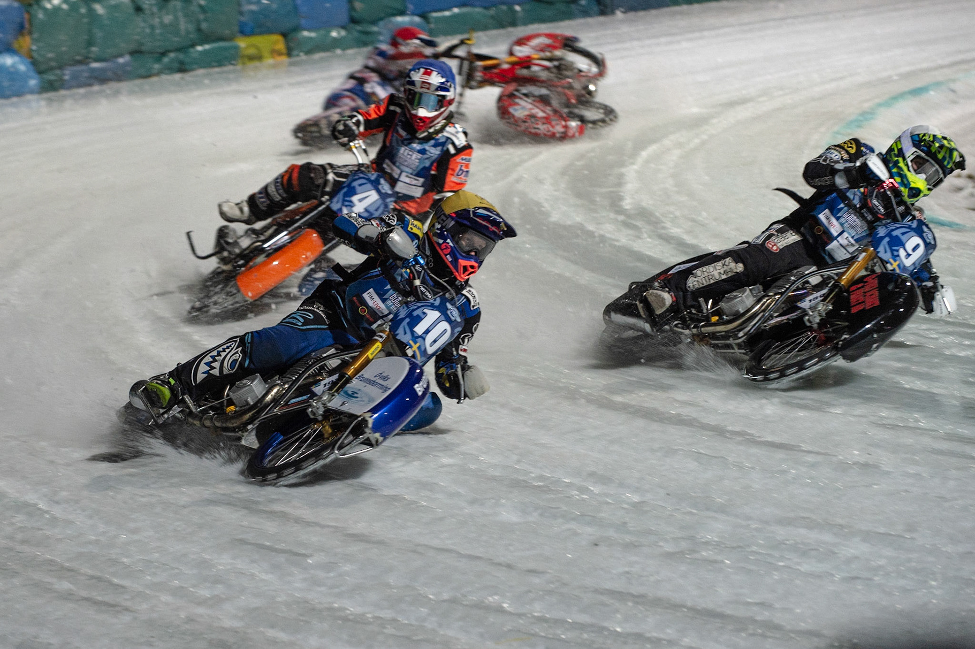 BERLIN GERMANY  - February 29  Martin Haarahiltunen (White) inside team mate Niclas Svensson of Sweden leading Lukas Hutla (Blue) as his team mate Jan Klatovsky of The Czech Republic spins off  during theIce Speedway of Nations (Day 1) at the Horst-Dohm-Eisstadion, Berlin,  on Saturday 29 February 2020. (Credit: Ian Charles | MI News)