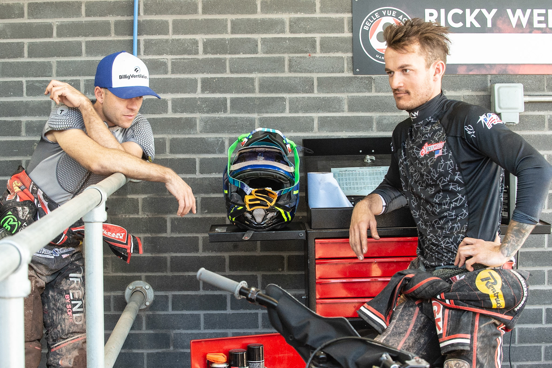 Photo by Ian Charles:

Kenneth Bjerre  (left) chats with Ricky Wells 

Belle Vue Aces v Wolverhampton Wolves, National Speedway Stadium, Manchester, Monday, 22, April, 2019