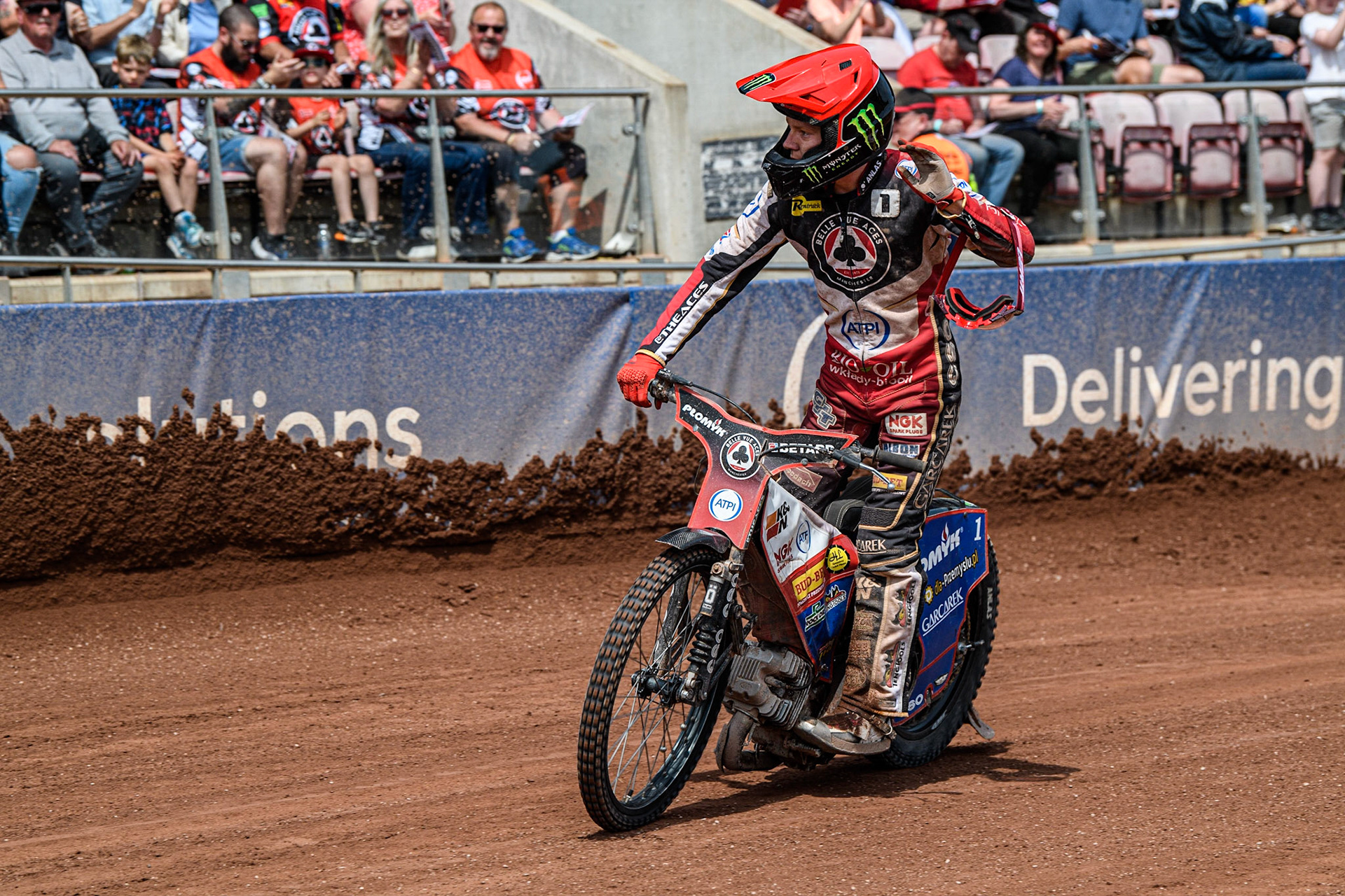 Dan Bewley waves to the fans during the Sports Insure Premiership match between Belle Vue Aces and Wolverhampton Wolves at the National Speedway Stadium, Manchester on Monday 29th May 2023. (Photo: Ian Charles | MI News)