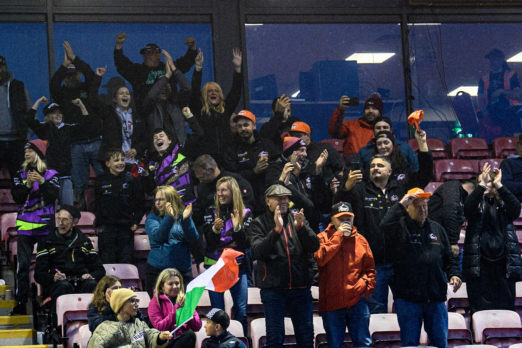 German fans celebrate during the FIM World Flat Track Championship Round 1 at the National Speedway Stadium, Manchester on Saturday 5th August 2023. (Photo: Ian Charles | MI News)