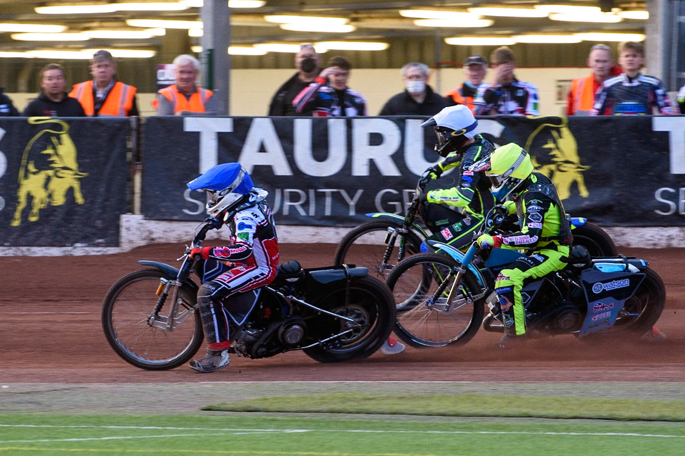 MANCHESTER, UK. MAY 28TH  Sam McGurk  (Blue) inside Mason Watson  (Yellow) and Kyle Bickley   (White) during the SGB National Development League match between Belle Vue Colts and Berwick Bullets at the National Speedway Stadium, Manchester on Friday 28th May 2021. (Credit: Ian Charles | MI News)
